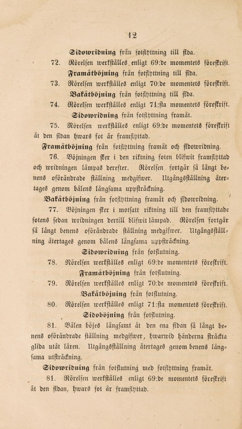 ^iboiDribnitto från fotfl^ttning till flba. ' 72. Otörelfen trerfjlälleö, enligt 69:t»e momentets förejtrift. ^ramåtbinttinö f^ån fotfl^ttning till fiba. 73. Olörelfen tcerfftålle^ enligt 70:be momentets förefErift. ^afåtböintng från fotjl^ttning till fiba. 74. Olörelfen öjerfftälleö enligt 71:fla momentets förejlrift. 0iboiprtbning från fotflbltning framåt. 75. Olörelfen merfjlällea enligt 69:be momentets föreflrift åt ben pban l^marä fot år framfli;ttab. ^ramåtböjining från fotflbttning framåt oc^ flbotnribning. 76. SSöjningen fler i ben riftning foten blifmit framflbH^^^ mribningen låmba3 berefter. Olörelfen fortgår få långt be^ nenö oförånbrabe jlällning mebgifmer. Utgång^flållning åter^ tageö genom båleng långfama nbbfiråcfning. .^afåtbbjning från fotflbltning framåt oc^ ftbomribning. ^ 77. SSöfningen fler i motfatt riftning till ben framfl^ttabe fotenö feban toribningen bertill blifmit låmpab. Olörelfen fortgår få långt benenö oförånbrabe flållning mebgifmer. Utgångöjlåll^ ning återtaget genom bålenö långfama upbffråcfning. ^ibPtPtibning från fotflutning. 78. iHörelfen merlflålleö enligt 69:be momentets föreflrift. ^ramåtböjtttng från fotflutning. 79. Sflörelfen merfjlålle^ enligt 70:be momentets föreffrift. ^afåtbojning från fotflutning. 80. Olörelfen merfjlålleö enligt 71:fla momentets föreflrift. ^tbobojning från fotflutning. 81. 33ålen bofeå långfamt åt ben ena fiban få långt be^ neng oförånbrabe ftållning mebgifmer, :^marmib i^ånberna pråtfta gliba utåt låren. UtgångéjlåKning återtageö genom benenö lång^ farna utjlråcfning. ^ibptpttbnittg från fotflutning meb fotfl^ttning framåt. 81. Otörelfen merljlålleö enligt 69:be momentets föreflrift åt ben pan, f;marå fot år frampttab.
