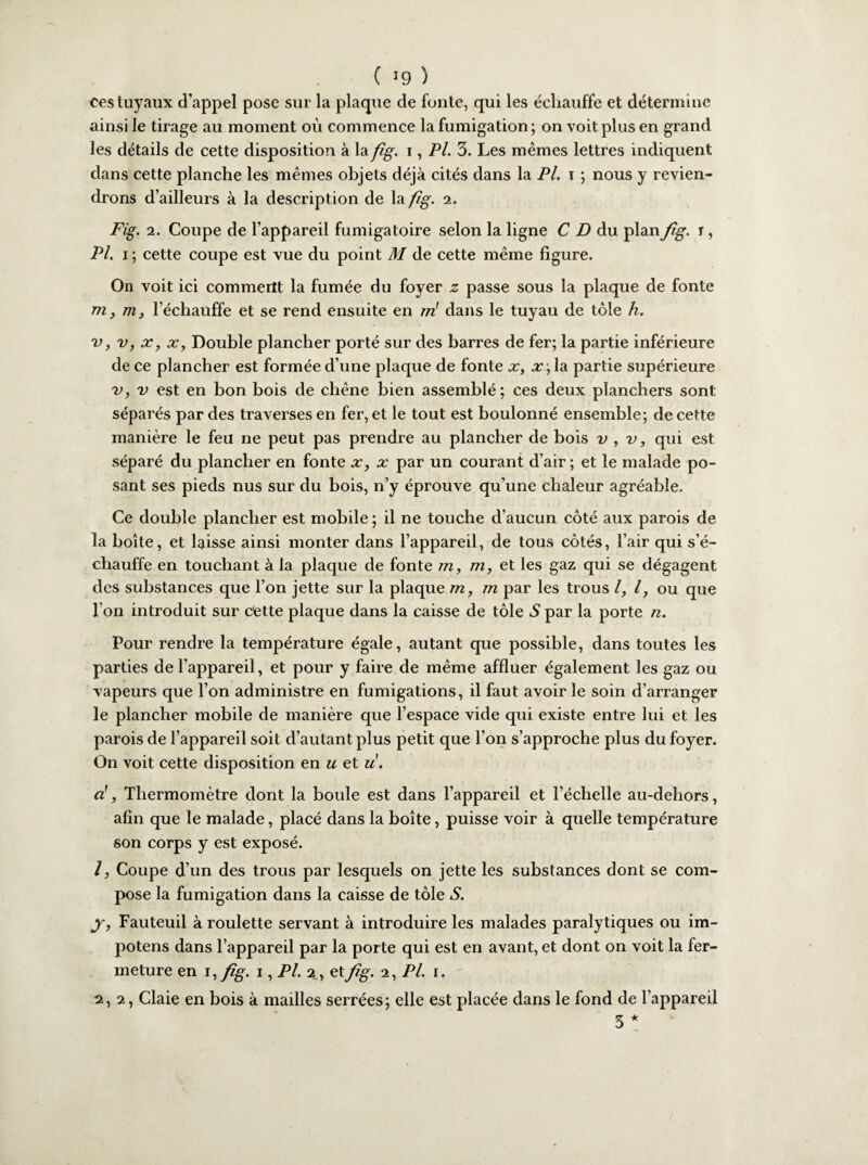 ( !9 ) ces tuyaux d’appel pose sur la plaque de fonte, qui les échauffe et détermine ainsi le tirage au moment où commence la fumigation ; on voit plus en grand les détails de cette disposition à la fîg. i, PL 3. Les mêmes lettres indiquent dans cette planche les mêmes objets déjà cités dans la PL i ; nous y revien¬ drons d’ailleurs à la description de la fîg. 2. Fig. 2. Coupe de l’appareil fumigatoire selon la ligne C D du plan fîg. r, PL 1 ; cette coupe est vue du point M de cette même figure. On voit ici comment la fumée du foyer z passe sous la plaque de fonte 771,771, l’échauffe et se rend ensuite en m! dans le tuyau de tôle h. v, v, x, x, Double plancher porté sur des barres de fer; la partie inférieure de ce plancher est formée d’une plaque de fonte x, x\ la partie supérieure v, v est en bon bois de chêne bien assemblé; ces deux planchers sont séparés par des traverses en fer, et le tout est boulonné ensemble; de cette manière le feu ne peut pas prendre au plancher de bois v , v, qui est séparé du plancher en fonte x, x par un courant d’air; et le malade po¬ sant ses pieds nus sur du bois, n’y éprouve qu’une chaleur agréable. Ce double plancher est mobile; il ne touche d’aucun côté aux parois de la boîte, et laisse ainsi monter dans l’appareil, de tous côtés, l’air qui s’é¬ chauffe en touchant à la plaque de fonte m, m, et les gaz qui se dégagent des substances que l’on jette sur la plaque m, m par les trous l, l, ou que l’on introduit sur cette plaque dans la caisse de tôle S par la porte 71. Pour rendre la température égale, autant que possible, dans toutes les parties de l’appareil, et pour y faire de même affluer également les gaz ou vapeurs que l’on administre en fumigations, il faut avoir le soin d’arranger le plancher mobile de manière que l’espace vide qui existe entre lui et les parois de l’appareil soit d’autant plus petit que l’on s’approche plus du foyer. On voit cette disposition en u et u. d, Thermomètre dont la boule est dans l’appareil et l’échelle au-dehors, afin que le malade, placé dans la boîte, puisse voir à quelle température son corps y est exposé. I, Coupe d’un des trous par lesquels on jette les substances dont se com¬ pose la fumigation dans la caisse de tôle S. y, Fauteuil à roulette servant à introduire les malades paralytiques ou im- potens dans l’appareil par la porte qui est en avant, et dont on voit la fer¬ meture en 1, fîg. 1, PL 2, et fîg. 2, PL 1. 2,2, Claie en bois à mailles serrées; elle est placée dans le fond de l’appareil 5 *