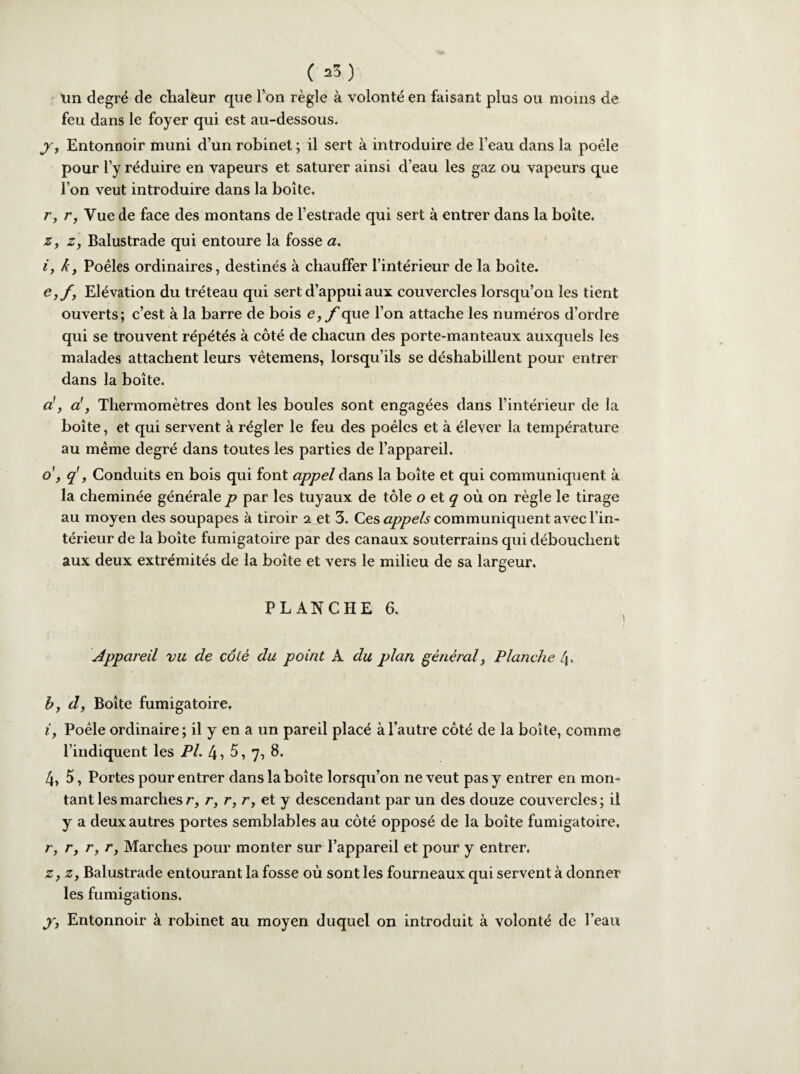 ( ^3) un degré de chalèur que l’on règle à volonté en faisant plus ou moins de feu dans le foyer qui est au-dessous. yy Entonnoir muni d’un robinet ; il sert à introduire de l’eau dans la poêle pour l’y réduire en vapeurs et saturer ainsi d’eau les gaz ou vapeurs que l’on veut introduire dans la boîte. r, r, Vue de face des montans de l’estrade qui sert à entrer dans la boîte. zy zy Balustrade qui entoure la fosse a, iy ky Poêles ordinaires, destinés à chauffer l’intérieur de la boîte. eyfy Elévation du tréteau qui sert d’appui aux couvercles lorsqu’on les tient ouverts; c’est à la barre de bois e, f que l’on attache les numéros d’ordre qui se trouvent répétés à côté de chacun des porte-manteaux auxquels les malades attachent leurs vêtemens, lorsqu’ils se déshabillent pour entrer dans la boîte. dy d, Thermomètres dont les boules sont engagées dans l’intérieur de la boîte, et qui servent à régler le feu des poêles et à élever la température au même degré dans toutes les parties de l’appareil. d y q', Conduits en bois qui font appel dans la boîte et qui communiquent à la cheminée générale p par les tuyaux de tôle o et q où on règle le tirage au moyen des soupapes à tiroir 2 et 3. Ces appels communiquent avec l’in¬ térieur de la boîte fumigatoire par des canaux souterrains qui débouchent aux deux extrémités de la boîte et vers le milieu de sa largeur. PLANCHE 6. Appareil vu de côté du point A du plan général, Planche 4. h, d. Boîte fumigatoire. iy Poêle ordinaire ; il y en a un pareil placé à l’autre côté de la boîte, comme l’indiquent les PL 4, 5, 7, 8. 4, 5, Portes pour entrer dans la boîte lorsqu’on ne veut pas y entrer en mon¬ tant les marches r, r, r, r, et y descendant par un des douze couvercles; il y a deux autres portes semblables au côté opposé de la boîte fumigatoire. r, ry r, r. Marches pour monter sur l’appareil et pour y entrer. z y zy Balustrade entourant la fosse où sont les fourneaux qui servent à donner les fumigations. y. Entonnoir à robinet au moyen duquel on introduit à volonté de l’eau