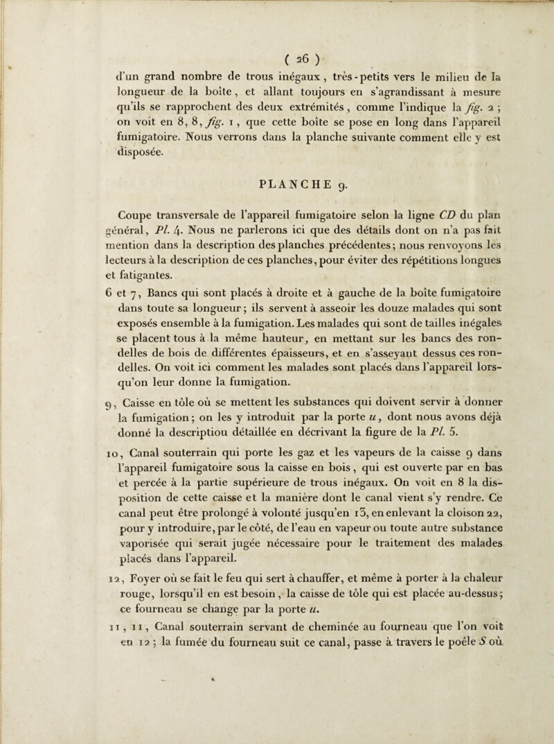 d'un grand nombre de trous inégaux, très-petits vers le milieu de la longueur de la boîte , et allant toujours en s’agrandissant à mesure qu’ils se rapprochent des deux extrémités , comme l’indique la fig. 2 ; on voit en 8, 8, fig. i , que cette boîte se pose en long dans l’appareil fumigatoire. Nous verrons dans la planche suivante comment elle y est disposée. PLANCHE 9. Coupe transversale de l’appareil fumigatoire selon la ligne CD du plan général, PL Nous ne parlerons ici que des détails dont on n’a pas fait mention dans la description des planches précédentes ; nous renvoyons les lecteurs à la description de ces planches, pour éviter des répétitions longues et fatigantes. 6 et 7, Bancs qui sont placés à droite et à gauche de la boîte fumigatoire dans toute sa longueur ; ils servent à asseoir les douze malades qui sont exposés ensemble à la fumigation. Les malades qui sont de tailles inégales se placent tous à la même hauteur, en mettant sur les bancs des ron¬ delles de bois de différentes épaisseurs, et en s’asseyant dessus ces ron¬ delles. On voit ici comment les malades sont placés dans l’appareil lors¬ qu’on leur donne la fumigation. c), Caisse en tôle où se mettent les substances qui doivent servir à donner la fumigation; on les y introduit par la porte u, dont nous avons déjà donné la description détaillée en décrivant la figure de la PL 5. i o, Canal souterrain qui porte les gaz et les vapeurs de la caisse 9 dans l’appareil fumigatoire sous la caisse en bois, qui est ouverte par en bas et percée à la partie supérieure de trous inégaux. On voit en 8 la dis¬ position de cette caisse et la manière dont le canal vient s’y rendre. Ce canal peut être prolongé à volonté jusqu’en i3, en enlevant la cloison 22, pour y introduire, par le côté, de l’eau en vapeur ou toute autre substance vaporisée qui serait jugée nécessaire pour le traitement des malades placés dans l'appareil. 12, Foyer où se fait le feu qui sert à chauffer, et même à porter à la chaleur rouge, lorsqu’il en est besoin, la caisse de tôle qui est placée au-dessus; ce fourneau se change par la porte u. 11 , 11, Canal souterrain servant de cheminée au fourneau que l’on voit en 12 ; la fumée du fourneau suit ce canal, passe à travers le poêle S où