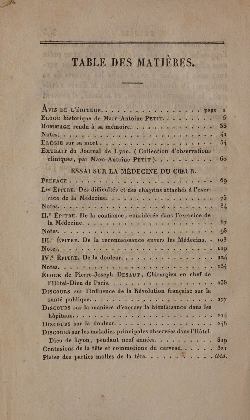 TABLE DES MATIÈRES. ELOGE historique de Marc-Antoine PETET. . . . . . . . . HOMMAGE rendu à sa mémoire. ... . . . . . 4 « + + « re) EN ROGERS Me LEE DE D Mn EN FLÉGLE EUR Ramon Li RES SRE AN RTS D PEUT EXTRAIT du Journal de Lyon. ( Collection d'observations cliniques, par Marc-Antoine PETIT ). . . . . . . . . . ESSAI SUR LA MÉDECINE DU CŒUR. PAÉRACE 2 nue dau ve DRAP, Pi PRLA EPS RASE Lre Éprrre. Des difficultés et des chagrins attachés à l’exer- cité) del )iMedéeine DA œidi ulérs M armature SAR LORRAINE ANA EE URSS ANUS GRAS CINE Ne C'ORRNUE IL. ÉpiTre. De la confiance, considérée dans l’exercice de i'Médeeine. hs ei fe PER HAN EEE TOURS PATES ap 1 PNR SMART A KA AS GA A AC RE AN IIE.S Éprrre. De la reconnaissance envers les. Médecins. ES M AE AR ON oi LA LUN A DS LOT A OU Le 40 Ein A Ps IN Trarnezs De La donienr 0, Mie Ne Ce EU Notes 45e rt snllets drain ttes MURAL In 1 È ÉLoce de Pierre-Joseph DEsauT, Chirurgien en chef Fe l'Hôtel-Dien de Paris 40) UMR CS STE UNE ni TRUTS Lés Discours sur l'influence de la Révolution Hanoi sur la santé publique. . - . . D AR A NS EE LEA AE NT , Discours sur la manière PU la bienfaisance dans les hôpitaux. 44 nee 04 6 ee RAT as eV DiscouRks sur la/donleur 4 25445: de le PTE ave Discours sur les maladies principales observées dans l'Hôtel- Dieu de Lyon, pendant neuf années. , . , nn GIE Contusions de la tête et commotions du cerveau. , . . , , # 108 119 138 177 214 248 319 321