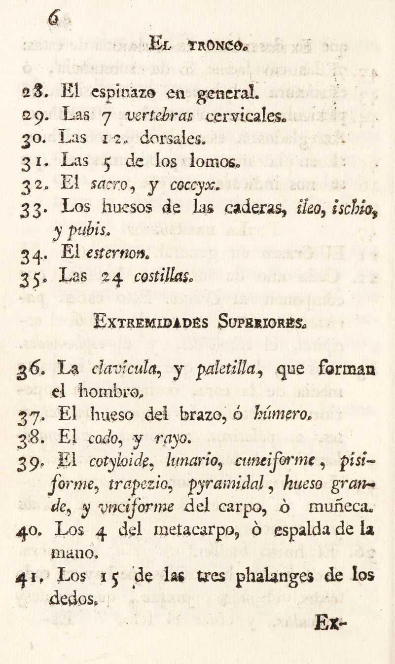 • ■ Sk, TRONCO. V 23. El espinazo cu general. ap. Las 7 vertebras cervicales» 30. Las 12. dorsales. 31. Las 5 de ios ’ lomos. ^ 32. Ei sacro ^ y coceyx. 33- I.0S huesos de las caderas, &o, hchÍQ^ y pubis. 3 A. Ei esternón. 35. Las 24 cQstillííS. Extremidades SopaRioREs. ^6. La clavicula, y paletilla^ que forman el hombro. 37. El hueso del brazo, ó húmero. 3:8. El codo, y rayo. 3 9, El cotyhide, lunario, cuneiforme, pisi- forme, trapezio, pyramiáal, hueso graur» de, y vnoiforme del carpo, ó muñeca. 40. Los 4 del metacarpo, ó espalda de la mano. 41. ’ Los 15 de las tres phalanges de los Ex- p