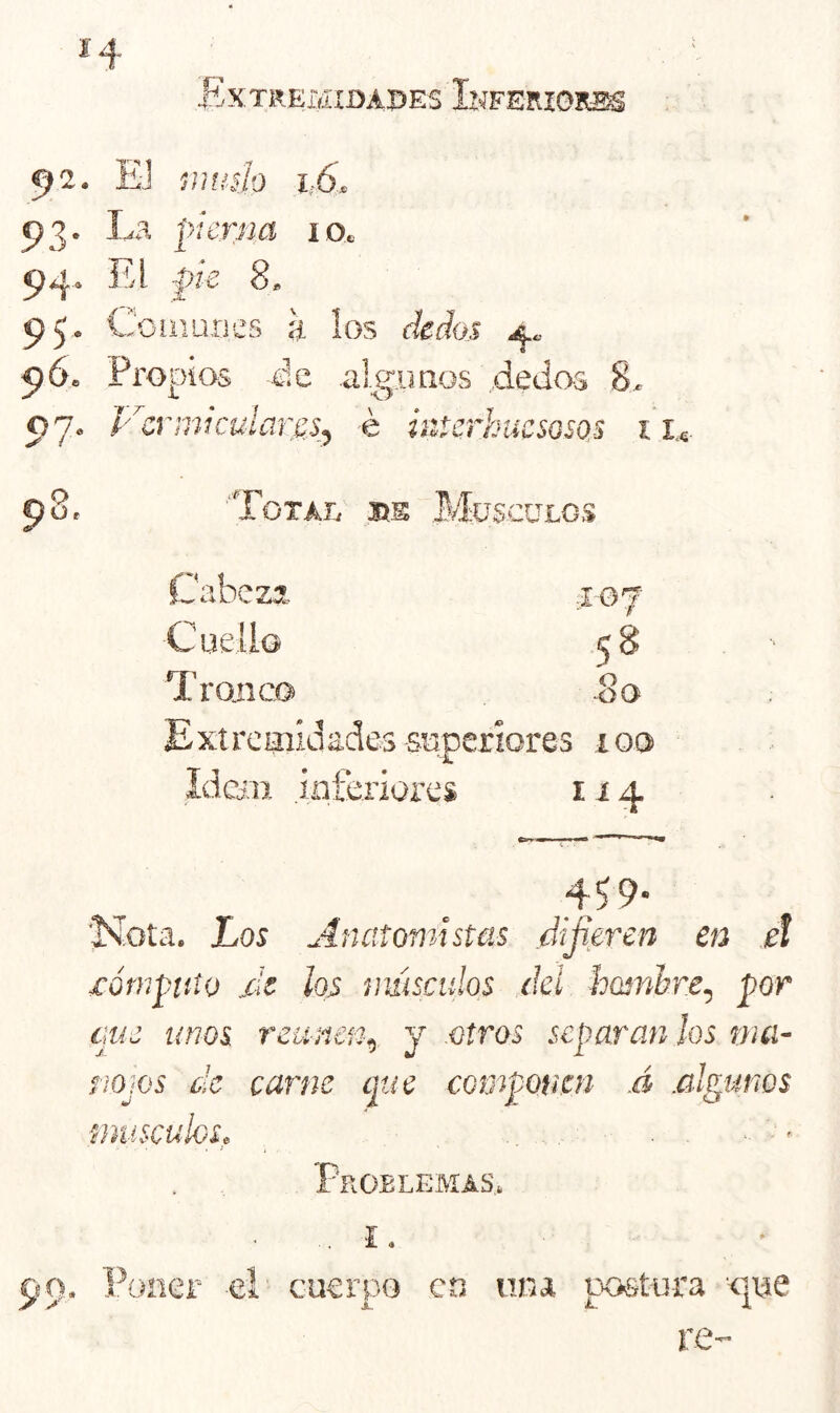 BxTREIálDAOES 92. 3- 9^ 9S- 96, 97' EJ 'jiimh 1.6^ jB. pierna 10. pe ‘5 q O r Couiuiies a los Propios P.e algunos dedos 8. Vermiculares^ é interkucsosQS 11., Total bs Músculos ÍJabezA Cuello Tronco Extremidades -superiores 100 Idciu. iníeriüres i í 4 ■> í 58 -80 4$ 9- 'Nota. Los Anatomistas dijieren en el eómpítio jd: los uuiscidos cki hoinhre, por ejue unos reúnen^ y oíros separan los ma- nojos de carne epae componen .á .algunos mtisculoSe ‘ ' pROELEMAS> 99. Poner el' cuerpo en una postura '<106 re-