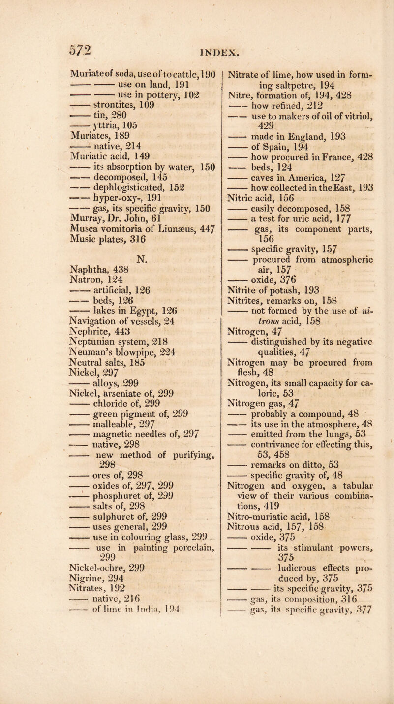 57*2 INDEX. Muriate of soda, use of to cattle, 190 -use on land, 191 -use in pottery, 102 -strontites, 109 --tin, 280 -yttria, 105 Muriates, 189 -- native, 214 Muriatic acid, 149 -its absorption by water, 150 -decomposed, 145 •—— dephlogisticated, 152 -hyper-oxy-, 191 — — gas, its specific gravity, 150 Murray, Dr. John, 61 Musca vomitoria of Linnaeus, 447 Music plates, 316 N. Naphtha, 438 Natron, 124 • -artificial, 126 —— beds, 126 -lakes in Egypt, 126 Navigation of vessels, 24 Nephrite, 443 Neptunian system, 218 Neuman’s blowpipe, 224 Neutral salts, 185 Nickel, 297 -alloys, 299 Nickel, arseniate of, 299 -chloride of, 299 • -green pigment of, 299 ■■ — malleable, 297 -- magnetic needles of, 297 - native, 298 - new method of purifying, 298 -ores of, 298 -oxides of, 297, 299 —— phospliuret of, 299 —— salts of, 298 --sulphuret of, 299 -uses general, 299 —«— use in colouring glass, 299 - use in painting porcelain, 299 Nickel-ochre, 299 Nigrine, 294 Nitrates, 192 -native, 216 -- of lime in India, 194 Nitrate of lime, how used in form¬ ing saltpetre, 194 Nitre, formation of, 194, 428 • -how refined, 212 -use to makers of oil of vitriol, 429 - made in England, 193 --of Spain, 194 -how procured in France, 428 - beds, 124 -caves in America, 127 —— how collected in the East, 193 Nitric acid, 156 • -easily decomposed, 158 -a test for uric acid, 177 ■■ gas, its component parts, 156 -- specific gravity, 157 - procured from atmospheric air, 157 -oxide, 376 Nitrite of potash, 193 Nitrites, remarks on, 158 ■-not formed by the use of ni¬ trous acid, 158 Nitrogen, 47 -distinguished by its negative qualities, 47 Nitrogen mav be procured from flesh, 48 Nitrogen, its small capacity for ca¬ loric, 53 Nitrogen gas, 47 -probably a compound, 48 -its use in the atmosphere, 48 -emitted from the lungs, 53 - contrivance for effecting this, 53, 458 -- remarks on ditto, 53 -specific gravity of, 48 Nitrogen and oxygen, a tabular view of their various combina¬ tions, 419 Nitro-muriatic acid, 158 Nitrous acid, 157, 158 -oxide, 375 -its stimulant powers, 375 -ludicrous effects pro¬ duced by, 375 -its specific gravity, 3/5 -gas, its composition, 316 -gas, its specific gravity, 377