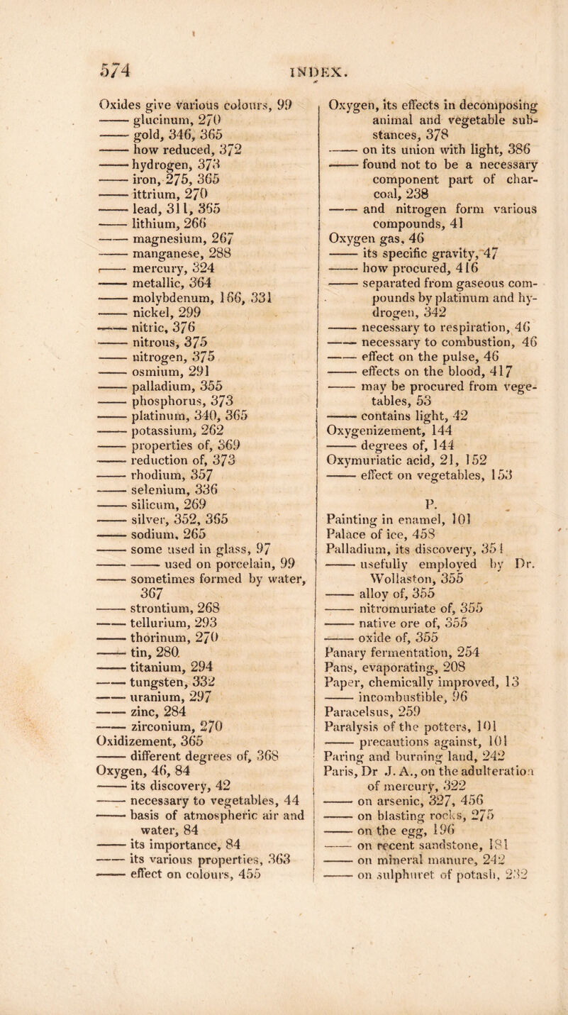 II 574 INDEX. Oxides give various colours, 99 - -glucinum, 2/0 -gold, 346, 365 — -how reduced, 372 -hydrogen, 373 -iron, 275, 365 -ittriura, 270 --- lead, 311, 365 -lithium, 266 —— magnesium, 267 --manganese, 288 f- mercury, 324 -metallic, 364 --molybdenum, 166, 331 --nickel, 299 —-— nitric, 376 * -nitrous, 375 -nitrogen, 375 --osmium, 291 —— palladium, 355 --phosphorus, 373 --platinum, 340, 365 --potassium, 262 -properties of, 369 ——— reduction of, 373 -rhodium, 357 -selenium, 336 • -siiicum, 269 -silver, 352, 365 --sodium, 265 -- some used in glass, 97 ---used on porcelain, 99 -sometimes formed by water, 367 -strontium, 268 -tellurium, 293 -thorinum, 270 -tin, 280. --titanium, 294 —— tungsten, 332 —— uranium, 297 -- zinc, 284 -zirconium, 270 Oxidizement, 365 —— different degrees of, 368 Oxygen, 46, 84 -its discovery, 42 -necessary to vegetables, 44 -basis of atmospheric air and water, 84 -its importance, 84 -its various properties, 363 --effect on colours, 455 Oxygen, its effects in decomposing animal and vegetable sub¬ stances, 378 -on its union with light, 386 ——- found not to be a necessary component part of char¬ coal, 238 -and nitrogen form various compounds, 41 Oxygen gas, 46 -its specific gravity, 47 -how procured, 416 —— separated from gaseous com¬ pounds by platinum and hy¬ drogen, 342 —-necessary to respiration, 46 -- necessary to combustion, 46 -effect on the pulse, 46 -effects on the blood, 417 -may be procured from vege¬ tables, 53 -contains light, 42 Oxygenizement, 144 ■-degrees of, 144 Oxymuriatic acid, 21, 152 -effect on vegetables, 153 P. Painting in enamel, 101 Palace of ice, 458 Palladium, its discovery, 351 -usefully employed by Dr. Wollaston, 355 -alloy of, 355 - nitromuriate of, 355 -native ore of, 355 ——- oxide of, 355 Panary fermentation, 254 Pans, evaporating, 208 Paper, chemically improved, 13 -incombustible, 96 Paracelsus, 259 Paralysis of the potters, 101 -precautions against, 101 Paring^ and burning; land, 242 Paris, Dr ,J. A., on the adulteration of mercury, 322 -on arsenic, 327, 456 -on blasting rocks, 275 -on the egg, 196 -on recent sandstone, 181 -on mineral manure, 242 ; -on sulphuret of potash, 232