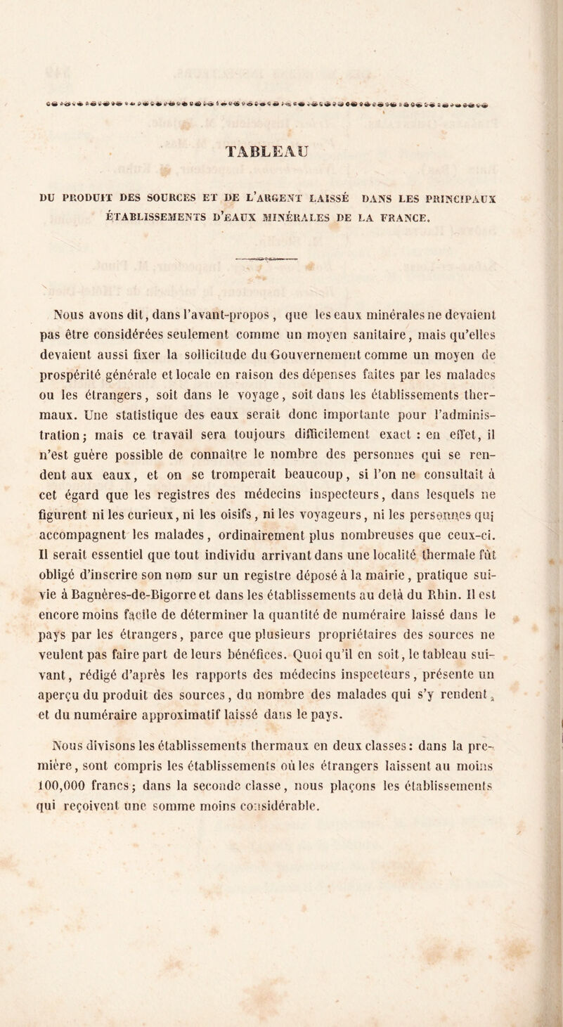 ü<*à U4B» irt» 5 «**?<» vô«-fl-^d 8 «» C-© Cà S*«» S-« 5 « v<» TABLEAU DU PRODUIT DES SOURCES ET DE L’ARGENT LAISSÉ DANS LES PRINCIPAUX ÉTABLISSEMENTS D’EAUX MINÉRALES DE LA FRANCE. Nous avons dit, dans l’avant-propos, que les eaux minérales ne devaient pas être considérées seulement comme un moyen sanitaire, mais qu’elles devaient aussi fixer la sollicitude du Gouvernement comme un moyen de prospérité générale et locale en raison des dépenses faites par les malades ou les étrangers, soit dans le voyage, soit dans les établissements ther¬ maux. Une statistique des eaux serait donc importante pour l’adminis¬ tration; mais ce travail sera toujours difficilement exact : en effet, il n’est guère possible de connaître le nombre des personnes qui se ren¬ dent aux eaux, et on se tromperait beaucoup, si l’on ne consultait à cet égard que les registres des médecins inspecteurs, dans lesquels ne figurent ni les curieux, ni les oisifs , ni les voyageurs, ni les personnes quj accompagnent les malades, ordinairement plus nombreuses que ceux-ci. Il serait essentiel que tout individu arrivant dans une localité thermale fût obligé d’inscrire son nom sur un registre déposé à la mairie , pratique sui¬ vie à Bagnères-de-Bigorreet dans les établissements au delà du Rhin. Il est encore moins facile de déterminer la quantité de numéraire laissé dans le pays par les étrangers, parce que plusieurs propriétaires des sources ne veulent pas faire part de leurs bénéfices. Quoiqu’il en soit, le tableau sui¬ vant, rédigé d’après les rapports des médecins inspecteurs, présente un aperçu du produit des sources, du nombre des malades qui s’y rendent, et du numéraire approximatif laissé dans le pays. Nous divisons les établissements thermaux en deux classes: dans la pre¬ mière, sont compris les établissements où les étrangers laissent au moins 100,000 francs; dans la seconde classe, nous plaçons les établissements qui reçoivent une somme moins considérable.