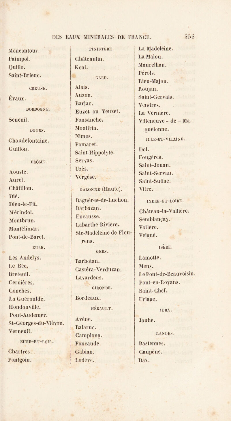 Moncontour. Paimpol. Quillo. Saint-Brieuc. CREUSE. Éyaux. DORDOGNE. Seneuil. DOUBS. Chaudefontaine. Guillon. DRÔME. Aouste. Aurel. Chàlillon. Dié. Dieu-le-Fit. Mérindol. Montbrun. Montélimar. Pont-de-Baret. EURE. Les Andelys. Le Bec. Breteuil. Cernières. Conches. La Guéroulde. Hondouyille. Pont-Audemer. St-Georges-du-Vièvre. Yerneuil. EURE-ET-LOIR. Chartres. Pontgoin. FINISTÈRE. Chàteaulin. Koal. GARD. Alais. Auzon. Barjac. Euzet ou Yeuzet. Fonsanche. Montfrin. Nîmes. Pomaret. Sainl-Hippolyte. Seryas. Uzès. Yergèse. GARONNE (Haute). Bagnères-de-Luchon. Barbazan. Encausse. Labarthe-Pûvière. Ste-Madeleine de Flou- rens. GERS. Barbotan. Castéra-Yerduzan. Lavardens. A, GIRONDE. | Bordeaux. HÉRAULT. Avène. Balaruc. Camplong. I Foncaude. | Gabian. : Lodcye. La Madeleine. La Malou. Maurelhan. Pérols. Rieu-Majou. Roujan. Saint-Gervais. Yendres. La Vernière. Yilleneuye - de - Ma- guelonne. ILLE-ET-y ILA1N E. Dol. Fougères. Saint-Jouan. Saint-Seryan. Saint-Suliac. Vitré. INDRE-ET-LOIRE. Château-la-Vallière. Semblançay. Yallère. Yeigné. ISÈRE. Lamotte. Mens. Le Pont-de-Beauyoisin. Pont-en-Royans. Saint-Chef. Uriage. JURA. Jouhe. LANDES. Bastennes. Caupène. Dax.