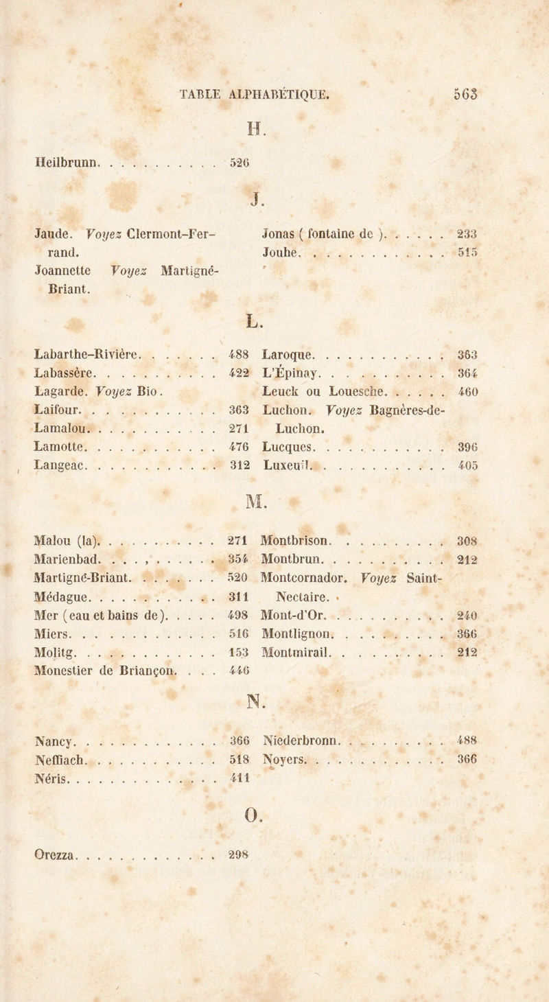 H. lïeilbrunn.520 J. Jaude. Voyez Clermont-Fer- Jonas ( fontaine de ).233 rand. Jouhe. 515 Joannette Voyez Martigné- Briant. L. 188 Laroque. 363 122 L’Épinay.364 Leuck ou Louesche.460 363 Luchon. Voyez Bagnères-de- 271 Luchon. 476 Lucques.396 312 Luxeuiî.405 M. Malou (la). Montbrison. . ........ 308 Marienbad. ........ . . 354 Montbrun. , ... . 212 Martigné-Briant. Montcornador. Voyez Saint- Médague. . . 311 Nectaire. » Mer (eau et bains de). . . . . 498 Mont-d’Or.. .......... 240 Miers. . . 516 Montlignon. . .. 366 Molitg. Monestier de Briançon. . . . 153 . . 446 Montmirail... 212 N. Labarthe-Rivière. . Labassère. Lagarde. Voyez Bio. Laifour. Lamalou. Lamotte. Langeac. Nancy.366 Neffiach. 518 Néris.411 Niederbronn. 488 Noyers. . .366 4tr O. Orczza 298
