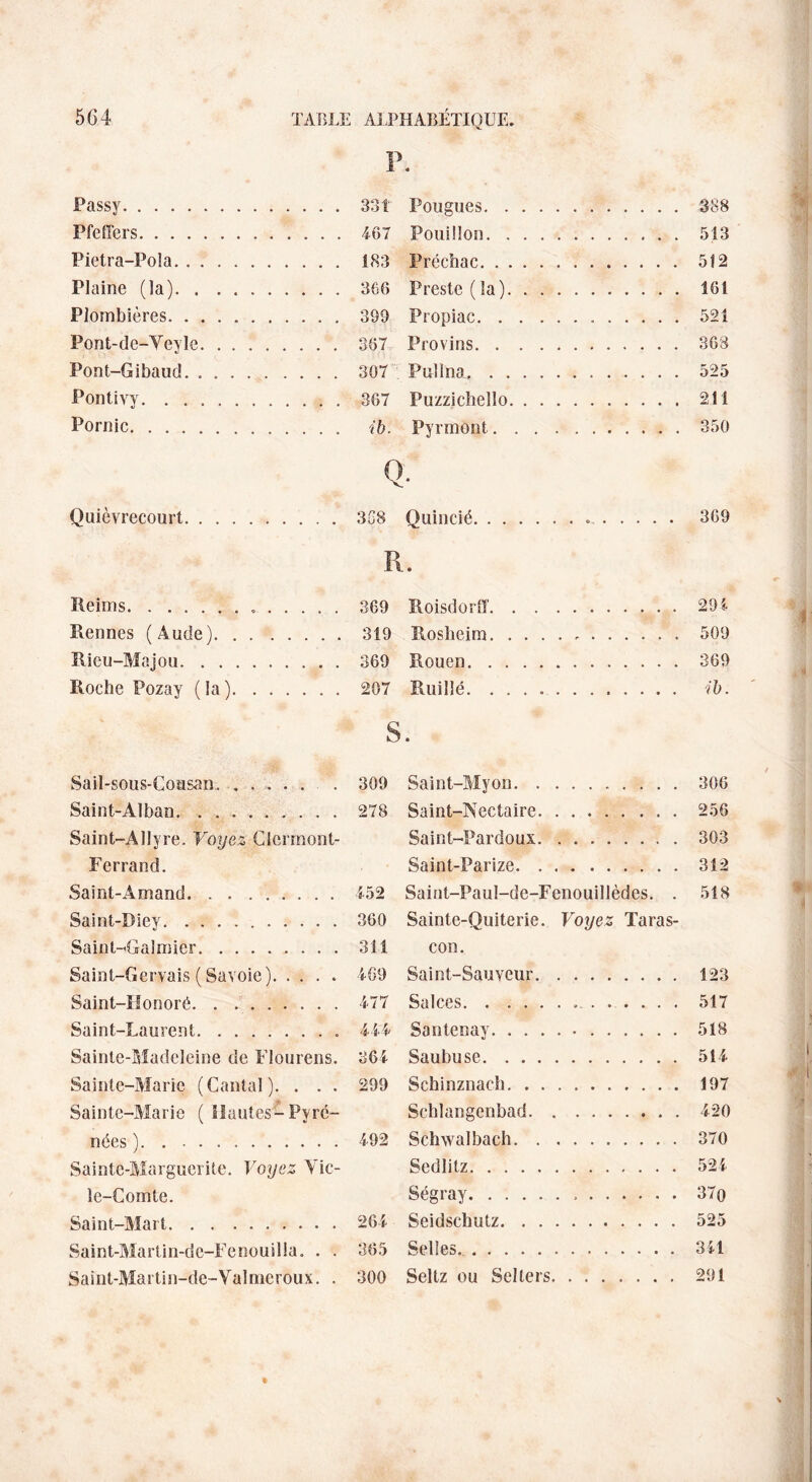 F. Passy. .... 331 Pou gués. .388 Pfe fiers. .... 4-67 Pouillon. Pietra-Pola. .... 183 Précbac. .512 Plaine (la). .... 366 Preste (la). . . . . . Î61 Plombières. .... 399 Propiac. .521 Pont-de-Yeyle. . . . . 367 Provins. .368 Pont-Gibaud. ..... .... 307 Pullna. .525 Pontivy. .... 367 Puzzichello. .211 Pornic. Pyrmomt. .350 Q. Quièvrecourt.3G8 Quincié... 369 Reims. 369 Rennes (Aude).319 Rieu-Majou.369 Roche Pozay (la).207 Roisdorff.. 294 Rosheim. ..509 Rouen. 369 Ruilîé. .. ib. S. Sail-sous-Coasan. 309 Saint-Myon. 306 Saint-Alban. 278 Saint-Nectaire. 256 Saint-Allyre. Voyez Clermont- Saint-Pardoux. 303 Ferrand. Saint-Parize. 312 Saint-Amand. 152 Saint-Paul-de-Fenouillèdes. . 518 Saint-Diey. 360 Sainte-Quiterie. Voyez Taras- Saint-Galmier. 311 con. Saint-Gervais (Savoie). 469 Saint-Sauveur. 123 Saint-Honoré. 477 Salces. . .. 517 Saint-Laurent. 4M Santenay.. Sainte-Madeleine de Flourens. 364 Saubuse. 514 Sainte-Marie (Cantal). . . . 299 Scbinznacb. .... . 197 Sainte-Marie ( Hautes- P y ré- Schlangenbad. 420 nées ). 492 Schwalbach.. 370 Sainte-Marguerite. Voyez Yic- Scdlitz. 524 le-Comte. Ségray. 370 Saint-Mart. 264 Seidschutz. 525 Saint-Marlin-de-Fenouilla. . . 365 Selles... 341 Saint-Martin-de-Yalmeroux. . 300 Seltz ou Selters. 291