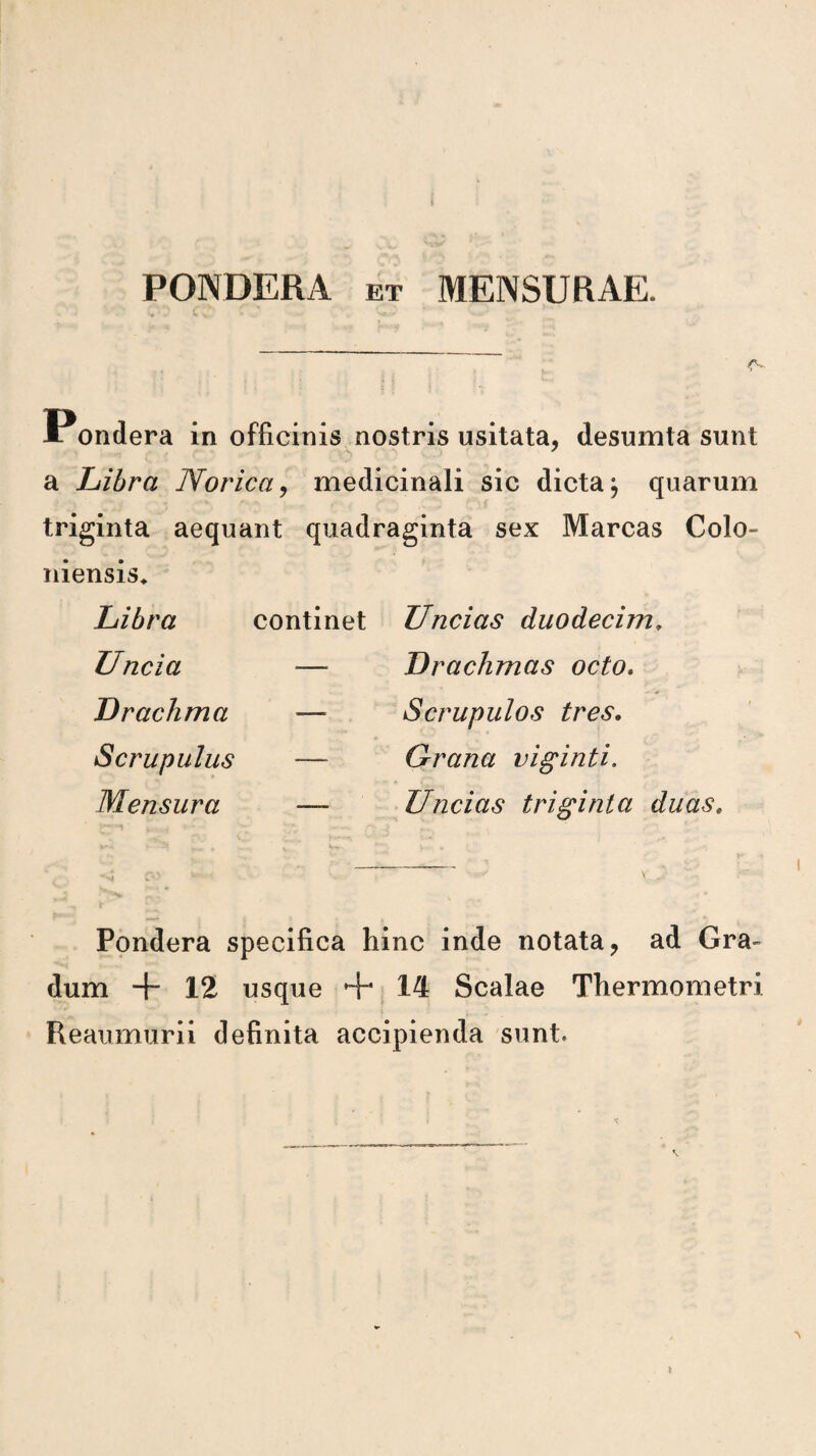 PONDERA ET MENSURAE. ifv Pondera in officinis nostris usitata, desumta sunt a Libra Norica^ medicinali sic dicta, qiiarum triginta aequant quadraginta sex Marcas Colo- niensis* Libra Uncia Drachma Scrupulus Mensura continet Uncias duodecim. Drachmas octo, Scrupulos tres, Grana viginti. Uncias triginta duas. Pondera specifica hinc inde notata, ad Gra- dum + 12 usque +, 14 Scalae Thermometri Reaumurii definita accipienda sunt.