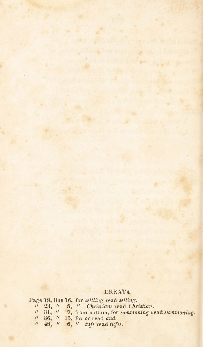 ERRAT4. Page 18, line 16, for settling read setting. J/ 23,  5,  Christians read (hristian. u 31,  7, from bottom, for sornmoning read summoning. n 36, “ 15, foi or read and 11 48, u 6,  tuft read tufts.