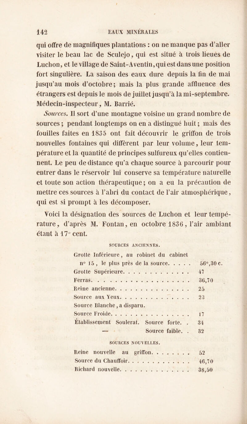 qui offre de magnifiques plantations ; on ne manque pas d’aller visiter le beau lac de Sculejo, qui est situé à trois lieues de Luchon^ et le village de Saint-Aventin, qui est dans une position fort singulière. La saison des eaux dure depuis la fin de mai jusqu’au mois d’octobre; mais la plus grande affluence des étrangers est depuis le mois de juillet jusqu’à la mi-septembre. Médecin-inspecteur, M. Barrié. Sources, Il sort d’une montagne voisine un grand nombre de sources ; pendant longtemps on en a distingué huit ; mais des fouilles faites en 1835 ont fait découvrir le griffon de trois nouvelles fontaines qui diffèrent par leur volume, leur tem¬ pérature et la quantité de principes sulfureux qu’elles contien¬ nent. Le peu de distance qu’a chaque source à parcourir pour entrer dans le réservoir lui conserve sa température naturelle et toute son action thérapeutique ; on a eu la précaution de mettre ces sources à l’abri du contact de l’air atmosphérique, qui est si prompt à les décomposer. Voici la désignation des sources de Luchon et leur tempé¬ rature, d’après M. Fontan, en octobre 1836, l’air ambiant étant à 17° cent. SOURCES ANCIENNES. Grotte Inférieure, au robinet du cabinet n° 15 , le plus près de la source. 56°,30 c. Grotte Supérieure. 47 Ferras. 36,70 Reine ancienne. 25 Source aux Yeux..'.... 23 Source Blanche, a disparu. Source Froide. 17 Établissement Soulerat. Source forte. . 34 — Source faible. . 32 SOURCES NOUVELLES. Reine nouvelle au griffon. ....... 52 Source du Chautîoir. 46,70 Richard nouvelle. 38,50