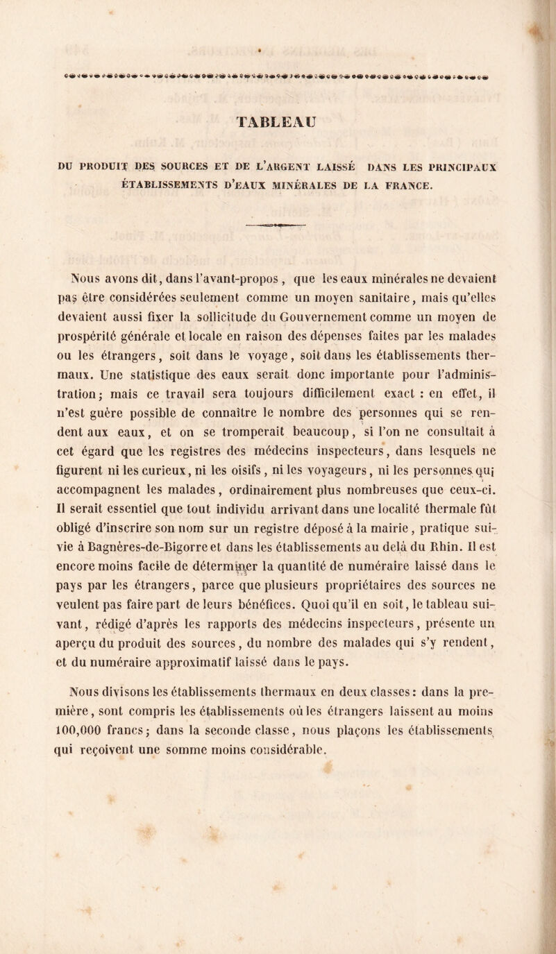 TABLEAU DU PRODÜI'Jf DES SOURCES ET DE l’aRGENT LAISSÉ DANS LES PRINCIPAUX ÉTABLISSEMENTS d’eAUX -MINÉRALES DE LA FRANCE. Nous avons dit, dans l’avant-propos , que les eaux minérales ne devaient pas être considérées seulement comme un moyen sanitaire, mais qu’elles devaient aussi fixer la sollicitude du Gouvernement comme un moyen de prospérité générale et locale en raison des dépenses faites par les malades ou les étrangers, soit dans le voyage, soit dans les établissements ther¬ maux. Une statistique des eaux serait donc importante pour l’adminis¬ tration; mais ce travail sera toujours difficilement exact : en effet, il n’est guère possible de connaître le nombre des personnes qui se ren¬ dent aux eaux, et on se tromperait beaucoup, si l’on ne consultait à cet égard que les registres des médecins inspecteurs, dans lesquels ne figurent ni les curieux, ni les oisifs , ni les voyageurs, ni les personnesquj accompagnent les malades, ordinairement plus nombreuses que ceux-ci. Il serait essentiel que tout individu arrivant dans une localité thermale fut obligé d’inscrire son nom sur un registre déposé à la mairie, pratique sui¬ vie àBagnères-de-Bigorreet dans les établissements au delà du Rhin. Il est encore moins facile de déterm|n,er la quantité de numéraire laissé dans le pays par les étrangers, parce que plusieurs propriétaires des sources ne veulent pas faire part de leurs bénéfices. Quoiqu’il en soit, le tableau sui¬ vant, rédigé d’après les rapports des médecins inspecteurs, présente un aperçu du produit des sources, du nombre des malades qui s’y rendent, et du numéraire approximatif laissé dans le pays. Nous divisons les établissements thermaux en deux classes: dans la pre¬ mière, sont compris les établissements où les étrangers laissent au moins 100,000 francs; dans la seconde classe, nous plaçons les établissements qui reçoivent une somme moins considérable.