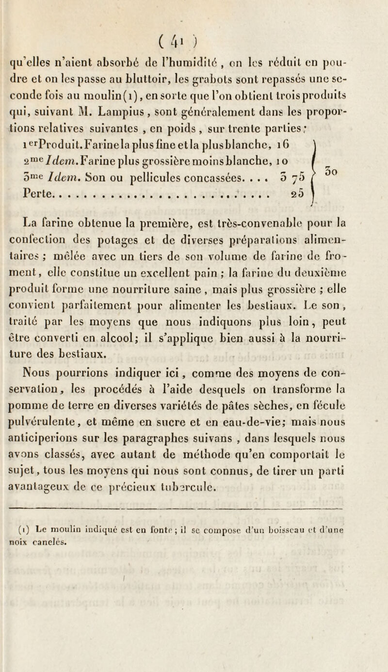 ( 4> ) qu’elles n’aient absorbé tic l’humidité , on les réduit en pou¬ dre et on les passe au bluttoir, les grabots sont repassés une se¬ conde fois au moulin(i), en sorte que l’on obtient troisproduits qui, suivant M. Lampius, sont généralement dans les propor¬ tions relatives suivantes , en poids , sur trente parties; ierProduit.Farinela plus fine etla plusblanche, îG Farine plus grossière moins blanche, 1 o 5n-c Idem. Son ou pellicules concassées. ... o Perte. 2 5 La farine obtenue la première, est très-convenable pour la confection des potages et de diverses préparations alimen¬ taires ; mêlée avec un tiers de son volume de farine de fro¬ ment, elle constitue un excellent pain ; la farine du deuxième produit forme une nourriture saine , mais plus grossière ; elle convient parfaitement pour alimenter les bestiaux. Le son, traité par les moyens que nous indiquons plus loin, peut être converti en alcool; il s’applique bien aussi à la nourri¬ ture des bestiaux. Nous pourrions indiquer ici, comme des moyens de con¬ servation, les procédés à l’aide desquels on transforme la pomme de terre en diverses variétés de pâtes sèches, en fécule pulvérulente, et même en sucre et en eau-de-vie; mais nous anticiperions sur les paragraphes suivons , dans lesquels nous avons classés, avec autant de méthode qu’en comportait le sujet, tous les moyens qui nous sont connus, de tirer un parti avantageux de ce précieux tubercule. (1) Le moulin indiqué csl en fonte; il sc compose d’un boisseau et d’une noix canelés. I