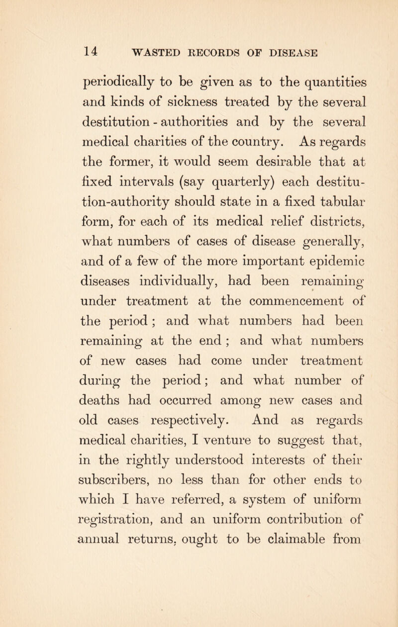 periodically to be given as to the quantities and kinds of sickness treated by the several destitution - authorities and by the several medical charities of the country. As regards the former, it would seem desirable that at fixed intervals (say quarterly) each destitu¬ tion-authority should state in a fixed tabular form, for each of its medical relief districts, what numbers of cases of disease generally, and of a few of the more important epidemic diseases individually, had been remaining under treatment at the commencement of the period; and what numbers had been remaining at the end ; and what numbers of new cases had come under treatment during the period; and what number of deaths had occurred among new cases and old cases respectively. And as regards medical charities, I venture to suggest that, in the rightly understood interests of their subscribers, no less than for other ends to which I have referred, a system of uniform registration, and an uniform contribution of annual returns, ought to be claimable from