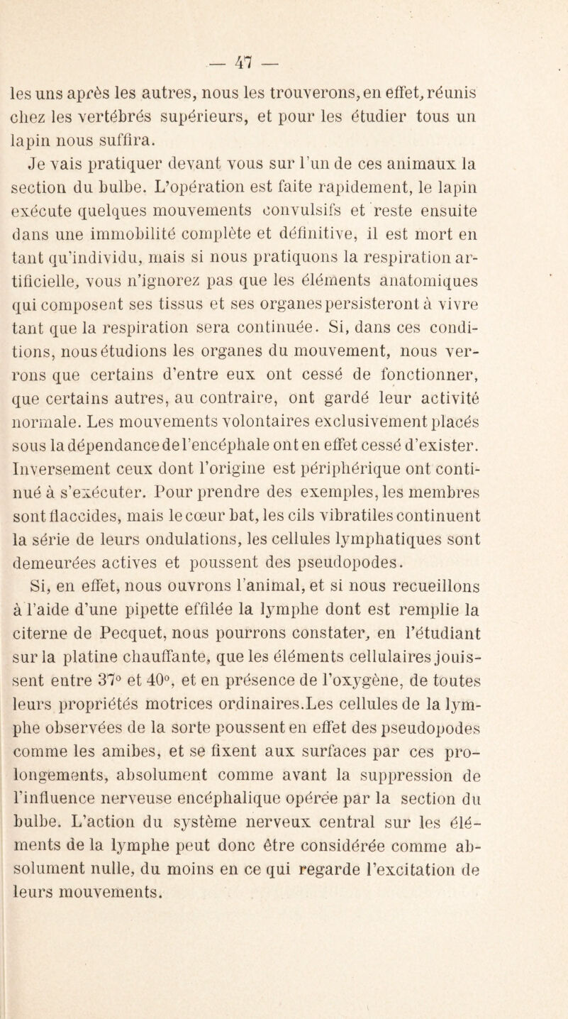 les uns après les autres, nous les trouverons, en effet, réunis chez les vertébrés supérieurs, et pour les étudier tous un lapin nous suffira. Je vais pratiquer devant vous sur l’un de ces animaux la section du bulbe. L’opération est faite rapidement, le lapin exécute quelques mouvements convulsifs et reste ensuite dans une immobilité complète et définitive, il est mort en tant qu’individu, mais si nous pratiquons la respiration ar¬ tificielle, vous n’ignorez pas que les éléments anatomiques qui composent ses tissus et ses organes persisteront à vivre tant que la respiration sera continuée. Si, dans ces condi¬ tions, nous étudions les organes du mouvement, nous ver¬ rons que certains d’entre eux ont cessé de fonctionner, que certains autres, au contraire, ont gardé leur activité normale. Les mouvements volontaires exclusivement placés sous la dépendance de l’encéphale ont en effet cessé d’exister. Inversement ceux dont l’origine est périphérique ont conti¬ nué à s’exécuter. Pour prendre des exemples, les membres sontllaccides, mais le cœur bat, les cils vibratiles continuent la série de leurs ondulations, les cellules lymphatiques sont demeurées actives et poussent des pseudopodes. Si, en effet, nous ouvrons l’animal, et si nous recueillons à l’aide d’une pipette effilée la lymphe dont est remplie la citerne de Pecquet, nous pourrons constater, en l’étudiant sur la platine chauffante, que les éléments cellulaires jouis¬ sent entre 37° et 40°, et en présence de l’oxygène, de toutes leurs propriétés motrices ordinaires.Les cellules de la lym¬ phe observées de la sorte poussent en effet des pseudopodes comme les amibes, et se fixent aux surfaces par ces pro¬ longements, absolument comme avant la suppression de l’influence nerveuse encéphalique opérée par la section du bulbe. L’action du système nerveux central sur les élé¬ ments de la lymphe peut donc être considérée comme ab¬ solument nulle, du moins en ce qui regarde l’excitation de leurs mouvements.