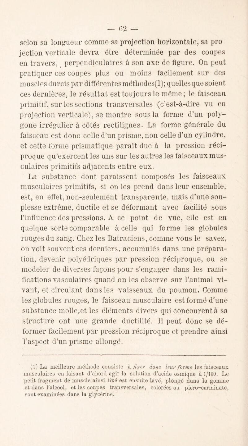 selon sa longueur comme sa projection horizontale, sa pro jection verticale devra être déterminée par des coupes en travers, perpendiculaires à son axe de figure. On peut pratiquer ces coupes plus ou moins facilement sur des muscles durcis par différentes méthodes(l); quelles que soient ces dernières, le résultat est toujours le même; le faisceau primitif, sur les sections transversales (c’est-à-dire vu en projection verticale), se montre sous la forme d’un poly¬ gone irrégulier à côtés rectilignes. La forme générale du faisceau est donc celle d’un prisme, non celle d’un cylindre, et cette forme prismatique paraît due à la pression réci¬ proque qu’exercent les uns sur les autres les faisceaux mus¬ culaires primitifs adjacents entre eux. La substance dont paraissent composés les faisceaux musculaires primitifs, si on les prend dans leur ensemble, est, en effet, non-seulement transparente, mais d’une sou¬ plesse extrême, ductile et se déformant avec facilité sous l'influence des pressions. A ce point de vue, elle est en quelque sorte comparable à celle qui forme les globules rouges du sang. Chez les Batraciens, comme vous le savez, on voit souvent ces derniers, accumulés dans une prépara¬ tion, devenir polyédriques par pression réciproque, ou se modeler de diverses façons pour s'engager dans les rami¬ fications vasculaires quand on les observe sur l’animal vi- / vant, et circulant dans les vaisseaux du poumon. Comme les globules rouges, le faisceau musculaire est formé d’une substance molle,et les éléments divers qui concourent à sa structure ont une grande ductilité. Il peut donc se dé¬ former facilement par pression réciproque et prendre ainsi l’aspect d’un prisme allongé. (l) La meilleure méthode consiste à fixer dans leur forme les faisceaux musculaires eu faisant d'abord agir la solution d’acide osmique àl/lOO. Le petit fragment de muscle ainsi fixé est ensuite lavé, plongé dans la gomme et dans l'alcool, et les coupes transversales, colorées au picro-carminate, sont examinées dans la glycérine.