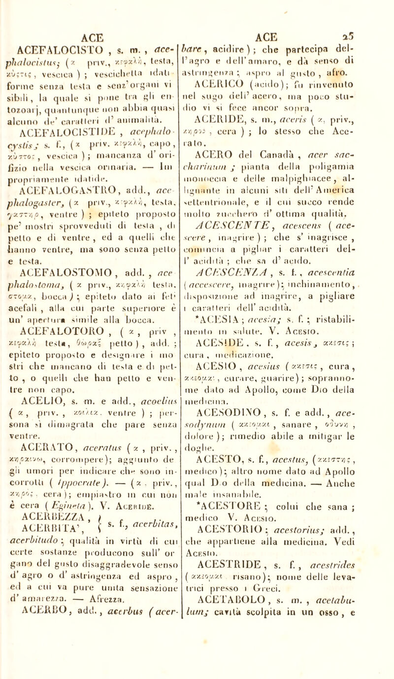 ACEFALOC1STO , s. m. , ace- phalocistuij (z pnv., v.-yxlii, testa, y.v:n;, vescica ) ; vescichetta idati forme senza testa e senz’organi vi sibili, la quale si pone tra gli en tozoarj, quantunque non abbia quasi alcuno de’ caratteri d’ animalità. ACEFALOCISTIDE , acepillilo cyslisj s. (* pnv. xi®zU, capo, y.ltTTo:, vescica); mancanza d’ori- fìzio nella vescica orinaria. — Ini propriamente idalide. A CEF A LOG ASTRO, add., acc phalogaslerj (z pnv., xyx'Cr,, testa. yx7~r,p, ventre); epiteto proposto pe’ mostri sprovveduti di tesia , di petto e di ventre , ed a quelli che hanno ventre, ma sono senza petto e testa. ACEFALOSTOMO , add., acc phaloatonia, ( z pnv., x.v,s>xVò testa. G-oy.y., bocca ) ^ epiteto dato ai fet* acefali , alla cui parte superiore è un’ apertura simile alla bocca. A CEFALOTORO , ( z , priv , y.ìffcùìi test», Qùpzc petto), add. ; epiteto proposto e designare i ino Stri che mancano di te>ta e di pet- to , o quelli che hun petto e ven- tre non capo. ACELIO, s. m. e add., acoelius ( x, pnv. , y.où.tx. ventre ) ; per- sona sì dimagrala che pare senza ventre. ACERATO, aceratus (z , priv., xvicznn», corrompere); aggiunto de gii umori per indicare che sono in- corrotti ( /ppocrate). — (x. priv., xvip'j;. cera ); empiastro in cui non è cera ( Egin»ta ). V. Acerioë. ACERBEZZA, > ACERBITÀ1, S s‘ f■> acerb‘tas> acerbiludo ^ qualità in virtù di cui certe sostanze producono sull’ or gain del gusto disaggradevole senso d’ agro o d’ astringenza ed aspro , ed a cui va pure unita sensazione d’ amarezza. — Àfrezza. ACERBO, add., aecrbus ( acer- bare, addire); che partecipa del- l’agro e dell’amaro, e dà senso di astringenza ; aspro al gusto , afro. ACER1CO (acido); fu rinvenuto nel sugo deli’acero, ma poco stu- dio vi si fece ancor sopra. ACERIDE, s. m., aceris ( z, priv., pii , cera ) ; lo stesso che Acc- iaio. ACERO del Canada , acce sac- charinnm ; pianta della poligamia moiinecia e delle malpighiacee, al- lignante in alcuni siti dell’America settentrionale, e il cui succo rende molto zucchero d’ ottima qualità, ACESCENTE, acescens ( ace- secce , inagrire ) ; che s’ inagrisce , comincia a pigliar i caratteri del- I’ acidità ; clic sa (l’acido. ACESCENZA , s. f. , acescenlìa ( accesene, inagrire)’ inchinamento , disposizione ad inagrire, a pigliare i caratteri dell’ acidità. *ACES1 A ; acesia; s. f. ; ristabili- mento m salute. V. Acesio. ACESIDE. s. f. , acesis j «asti; ; cura , medicazione. ACESIO , acesius ( zzrvt: , cura , zzóotzz'., curare, guarire); sopranno- me dato ad Apollo, come Dio della medicina. ACESODLVO, s. f. e add., ace- sodynum ( zz.-onzt , sanare , oTjv>7 , dolore); rimedio abile a mitigar le doglie. ACESTO, s. f., acesius, (zxì'xtvj; , medico)’ altro nome dato ad Apollo qual D o della medicina. — Anche male insanabile. *ACES I ORE • colui che sana ; medico V. A cesto. ACES TORIO’ acestorius; add., che appartiene alla medicina. Vedi Acesio. AGESTRIDE , s. f. , aceslrides ( zzioazt risano)’ nome delle leva- trici presso i Greci. ACETABOLO , s. m. , acelabu- lutnj cavità scolpita in un osso , e