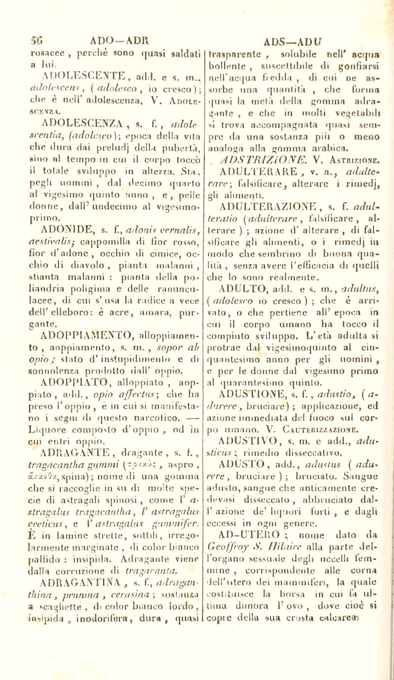 rosacee , perchè sono quasi saldati a lui. ADOLESCEN TE, add. e s. in.. àdolcscens , ( adolesco , io cresco); che e nell’ adolescenza, V. Adole- SCBNZ ADOLESCENZA, s. f., a,loie sce.nha, (adolcieo)-, epoca della vita che dura dai preludj della pubertà, «ino al tempo in cui il corpo toccò il totale sviluppo in altezza. Sta, pegli uomini , dal decimo quarto al vigesimo quinto mino , e , pelle donne, dall’undecimo al vigesimo- primo. ADONIDE, s. f., adonis vernalisj ne stiva lis- cappomilla di fior rosso, fior d’adone, occhio di cimice, oc- chio di diavolo , pianta malanni , stianta malanni : pianta della po- liandria poliginia e delle ranuncu- lacee, di cui s’usa la radice a vece dell’elleboro: è acre, amara, pur- gante. ADOPPI AMENTO, alloppiamen- to , aoppiamento, s. ni., sopor ab opioj stato d’ instupidimenlo e tli sonnolenza prodotto dall’ oppio. ADOPPIATO, alloppiato , aop- piato , add., opio affectas-, che ha preso l’oppio, e in citisi manifesta- no i segni di questo narcotico. —• Liquore composto d’oppio od in cui entri oppio. ADRAGANTE , dragante , s. f. , tragacantha gammi (tps./. j; , aspro , azavOz, spina) ; nome di una gomma che si raccoglie in su di molte spe- cie di astragali spinosi , come I’ a- stragalus tragacantha, /’ as tra galas creticus, e I’ astragalos gummifer. E in lamine strette, sottili, irrego- larmente marginate , di color bianco pallido : insipida. Adragante viene dalla corruzione di tragacanta. A DRAGANTIN A J s. f., adragan- thina j prunaia , cerasina ; sostanza a scagliette , (b color bianco lordo , insipida , inodorilo!'», dura , quasi trasparente , solubile nell' acqua bollente , suscettibile di gonfiarsi nell’acqua fredda , di cui ne as- sorbe una quantità , che forma quasi la metà della gomma adra- gante , e che in molti vegetabili si trova accompagnata quasi sem- pre da una sostanza pili o meno analoga alla gomma arabica. . ADSTRIZiONE. V. Astrizione. ADULTERARE , v. a., adulte- rare-, falsificare, alterare i rimedj, gli alimenti. ADULTERAZIONE , s. f. adul- terano [adulterare , falsificare, al- terare ) ; azione d’ alterare , di fal- sificare gli alimenti, o i rimedj in modo die sembrino di buona qua- lità , senza avere l’efficacia di quelli che lo sono realmente. ADULTO, adii, e s. m., adultus, ( adolesco io cresco ) ; che è arri- vato, o die perbene all7 epoca in cui il corpo umano ha tocco il compiuto sviluppo. L’età adulta si protrae dal vigesiinoquinto al cin- quantesimo anno per gli uomini , e per le donne dal vigesimo primo al quarantesimo quinto. ADUSTIONE, s. f. , adustio, ( a- durere, bruciare) ; applicazione, ed azione immediata del fuoco sul cor- po umano. V. Cauterizzazione. ADUSTIVO, s. m. e add., adu- liti eus y rimedio disseccativo. ADUSTO, add., aduslus { adu- re re , bruciare); bruciato. Sangue adusto, sangue che anticamente cre- devasi disseccalo , abbruciato dal- I’ azione de’ liquori forti , e dagli eccessi in ogni genere. AD—UTERO \ nome dato da Geoffroy S. Hilaire alla parte del- l’organo sessuale degli uccelli fem- mine , corrispondente alle corna dell’utero dei mammiferi, la quale costituisce la borsa in cui fa ul- tima dimora F ovo , dove cioè si copre della sua crosta calcarea^