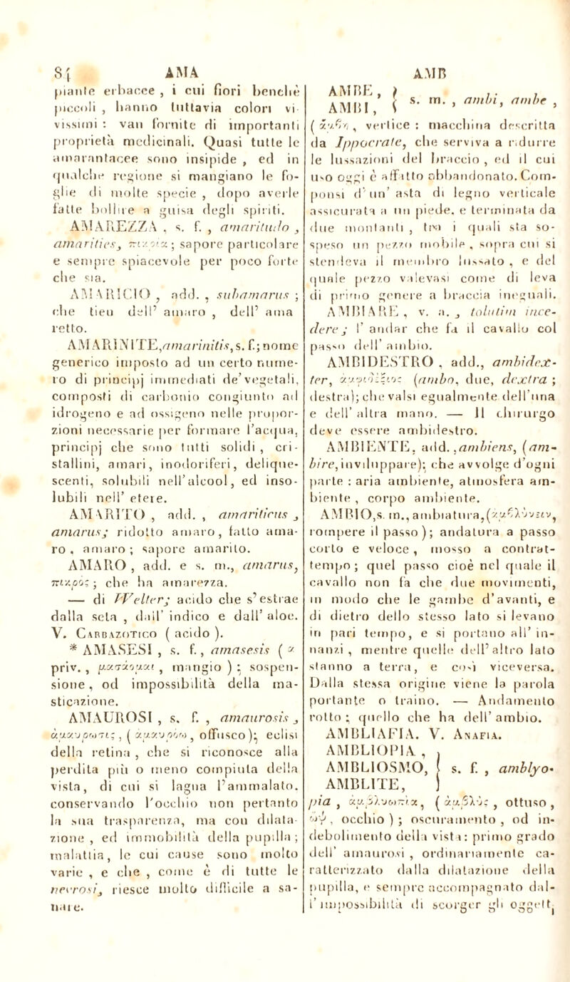 Sì AMA piaule erbacce , i cui fiori benché piccoli , hanno tuttavia colon vi- vissimi : van fornite di importanti proprietà medicinali. Quasi tutte le amarantacee sono insipide , ed in qualche regione si mangiano le fo- glie di molte specie , dopo averle fatte bollire a guisa degli spiriti. AMAREZZA , s. f. , amaritudo , amarìties, -r/.ot'sc; sapore particolare e sempre spiacevole per poco forte che sia. AM MUOIO , add. , suhnmarus ; che tieu dell’ amaro , dell’ ama retto. AMARIjVITE,i7nian/nï/.9,s. fi; nome generico imposto ad un certo nume- ro di principi immediati de’vegetali, composti di carbonio congiunto ad idrogeno e ad ossigeno nelle propor- zioni necessarie per formare l’acqua, principj che sono tutti solidi, cri- stallini, amari, inodoriferi, delique- scenti, solubili nell’alcool, ed inso- lubili nell’ etere. AM A RITO , add. , am ariti eus amarusj ridotto amaro, fallo ama- ro , amaro ; sapore amarito. AMARO , add. e s. m., amants, ntv.pòs ; che ha amarezza. — di T'Velterj acido che s’estrae dalla seta , dall’ indico e dall’ aloe. V. Carbazotic.o ( acido ). * AMASESI , s. f., amasesis ( * priv., [J.x'ri'jpxi , mangio ) : sospen- sione , od impossibilità della ma- sticazione. AMAUROSI , s. f. , amaurosis j àuctvprjì'n; , ( àaavoów , offusco);, eoiisi della retina , che si riconosce alla perdila più o meno compiuta delia vista, di cui si lagna l’ammalato, conservando l'occhio non pertanto la sua trasparenza, ma con dilata- zione , ed immobilità della pupilla ; malattia, le cui cause sono molto varie , e che , come è di tutte le nevrosi, riesce multo difficile a sa- nare. am n AMBE, ) /•/ AMBI \ S‘ m' ’ n,nhl' nm',e » [ i'pfivi, vertice: macchina descritta da Ippocrate, che serviva a ridurre le lussazioni del braccio , ed il cui ii'O oggi è affitto abbandonato.Com- pensi d’un’ asta di legno verticale assicurata a mi piede, e terminata da due montanti , tea i quali sta so- speso un pezzo mobile , sopra cui si stendeva il membro bissato , e del (piale pezzo valevasi come di leva di primo genere a braccia ineguali. AMBIARE, v. a. j tolti lini ince- dere j I’ andar che fa il cavallo col passo dell’ ambio. AMBIDESTRO, add., ambidrx- ter, àusiòìHtoc [ambo, due, dextra ; destra); clic valsi egualmente dell una e dell’ altra mano. — 11 chirurgo deve essere ambidestro. AMBIENTE, add. ,ambiens, [am- bire, inviluppare); che avvolge d’ogni parte : aria ambiente, atmosfera am- biente , corpo ambiente. AMBIO,s. in., ambiatura,(zaQùvìtv, rompere il passo); andatura a passo corto e veloce, mosso a contrat- tempo; quel passo cioè nel quale il cavallo non fa che due movimenti, in modo che le gambe d’avanti, e di dietro dello stesso lato si levano iri pari tempo, e si portano all’ in- nanzi , mentre quelle dell’altro lato stanno a terra, e cni viceversa. Dalla stessa origine viene la parola portante o traino. — Andamento rotto ; quello che ha dell’ ambio. AMBLIAFIA. V. Anafia. AMBL10P1A , , AMBLIOSMO, ( s. f. , aniblyo• AMBI.ITE, ) pia, Ùy.ll-J&>-'(*, [ctu.pkòc t ottuso, wy, occhio); oscuramento, od in- debolimento della visti : primo grado dell’ ainauro.vi , ordinariamente ca- ratterizzato dalla dilatazione della pupilla, e sempre accompagnato dal- l’impossibilità di scorger gli oggeltj