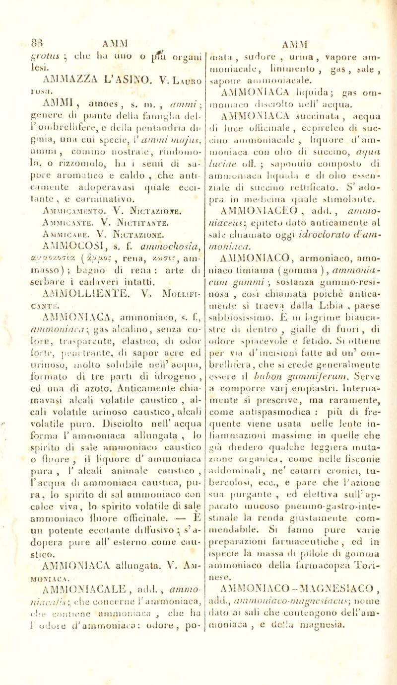 83 A M M grutus , clic ha uno o pfu organi lesi. AAI MAZZA L’ASINO . V. L unto rusa. AM All , amoes , s. m. , animi ; genere eli piante della famiglia del- 1 ombrellifere, e della pcntaridria di- ginia, una cui specie, I’ animi mafus, animi, camino nostrale, rindoino- lo, o rizzomulo, lia i semi di sa- pore aromatico e caldo , clic ante camentc adoperavasi (piale ecci- tante , e carminativo. Ammicamento. V. Nictazioite. Ammicante. V. Nictitante. Ammicabe. V. Nutazione. AMMOCOSI, s. f. ammochosia, ay u'j/.onìa. ( y.yu.o; , rena, xwo'tr, am- masso); bagno di rena: arte di serbare i cadaveri intatti. AMMOLLIENTE. V. Mollifi- cante. AMMONIACA, ammoniaco, s. f., ammoniaca ■ gas alcalino, senza co- lore, trasparente, elastico, di odor forte, penetrante, di sapor acre ed urinoso, molto solubile nell’ acqua, formato di tre parti di idrogeno , ed una di azoto. Anticamente chia- ma vasi alcali volatile caustico , al- cali volatile urinoso caustico, alcali volatile puro. Disciolto nell’ acqua forma I’ ammoniaca allungata , lo spirito di sale ammoniaco caustico 0 fluoré , il liquore d’ ammoniaca pura , I’ alcali animale caustico , l’acqua di ammoniaca caustica, pu- ra, lo spirito di sai ammoniaco con calce viva, lo spirito volatile disale ammoniaco fluoré officinale. — E un potente eccitante diffusivo • s’a- dopera pure all’ esterno come cau- stico. AMMONIACA allungata. V. Am- moniaca. AMMONIACALE, ad.!., animo iliaca! in• clic concerne l’ammoniaca, che contiene ammoniaca che ha 1 odore d’ammoniaca : odore, po- AMM mala, sudore , urina, vapore am- moniacale, linimento , gas, sale, sapone ammoniacale. AMMONIACA liquida; gas otn- momaco disamilo nell' acqua. AMMONIACA succinata, acqua di luce officinale , ecpireleo di suc- cino ammoniacale, liquore d’am- moniaca con olio di succino, ai/uii lucine, oli. ; sapomiio composto di ammoniaca liquida e di olio essen- ziale di succino rettificalo. S’ ado- pra in medicina (piale stimolante. AMMONIACEO, add. , animo• niaceusi epiteto dato anticamente al sale chiamato oggi idi odoralo d am- moniaca. AMMONIACO, armoniaco, amo- iliaco timiama (gomma ), ammouia- cum gammi -, sostanza gumino-resi- nosa , cosi chiamata poiché antica- mente si traeva dalla Libia , paese sabbiosissimo. E m lagrime bianca- stre di dentro , gialle di fuori , di odore spiacevole e fetido. Si ottiene per via d’incisioni fatte ad un’ om- brelli l’era, che si erede generalmente essere il bubon summijerum, Serve a comporre vai) empiastri. Interna- mente si prescrive, ma raramente, come antispasmodica : più di fre- quente viene usata nelle lente in- fiammazioni massime in quelle che già diedero qualche leggiera muta- zione 01 gallica , come nelle fisconie addominali, ne’ catarri cronici, tu- bercolosi, eco., e pare che Fazione sua purgante , ed elettiva sull ap- parato mucoso pneumo-gastro-iute- stinale la renda giustamente com- mendabile. Si fanno pure varie preparazioni farmaceutiche, ed in ispeeie la mussa di pillole di gomma ammoniaco della farmacopea Tori- nese. A M M ON IA CO - M AG NES IACO , add., a m maniaco-magnesia eus’, nome dato ai sali che contengono dell’aiu- moniaca , e elei lu magnesia. 3