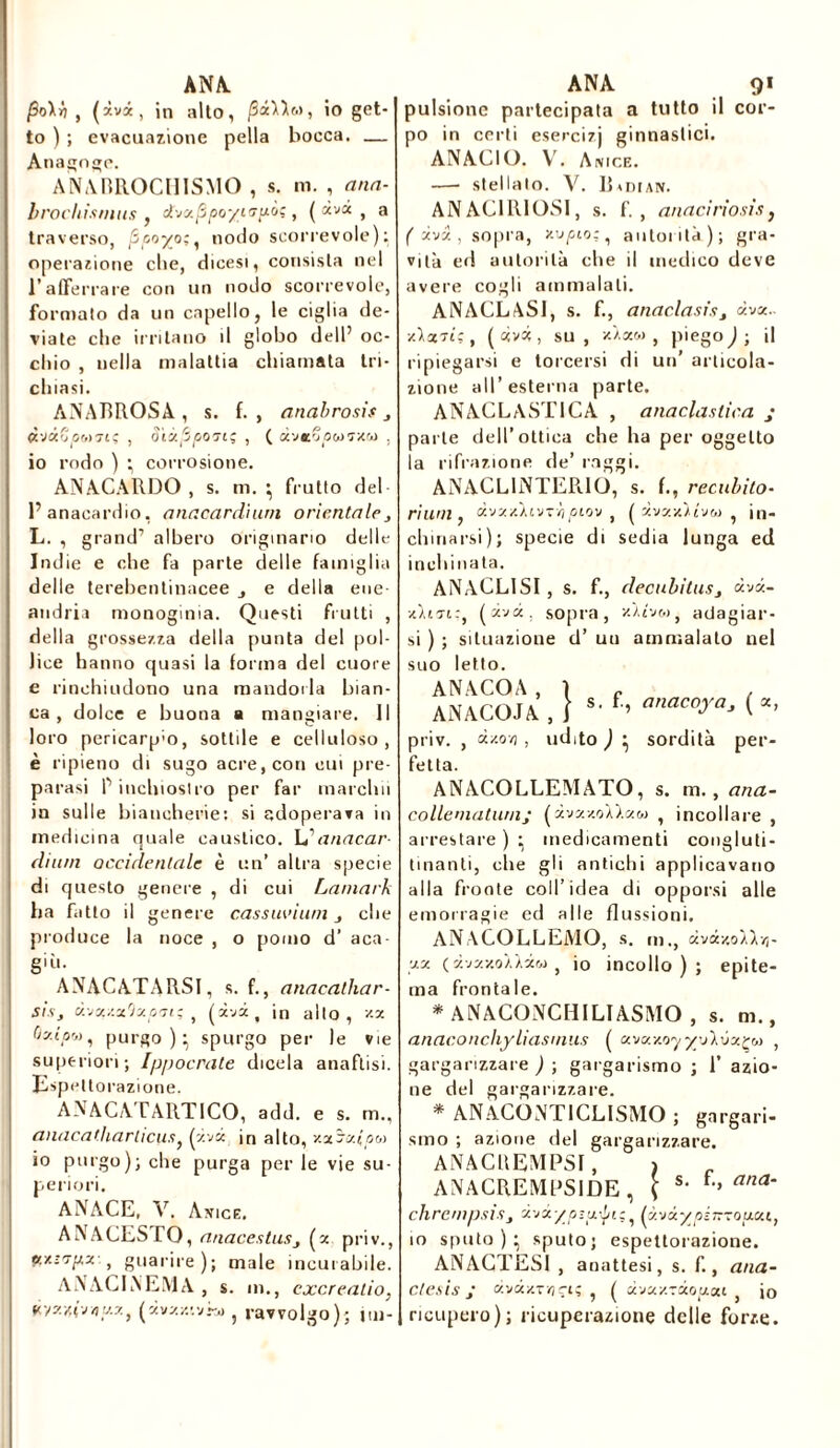 ANA fìo\ri , (ivx , in alto, /5ìXXm, io get- to ) ; evacuazione pella bocca. — Anagoge. ANARROCHISMO , s. m. , ann- hrochismus , djz^poyi^uò;, ( «vi , a traverso, (ipoyo;, nodo scorrevole): operazione che, dicesi, consista nel l’afferrare con un nodo scorrevole, formato da un capello, le ciglia de- viate clic irritano il globo dell’ oc- chio , nella malattia chiamata tri- cluasi. ANARROSA , s. f. , anabrosis , «VÔcSoM7lÇ , 8ÎÔ.{5p07lÇ , ( àv*0 0W7ZU , io rodo ) • corrosione. ANACARDO , s. m. \ frutto del 1’ anacardio, anacard'uirn orientale, L. , grand’ albero originano delle Indie e che fa parte delle famiglia delle terebentinacee , e della eoe- andria monoginia. Questi frutti , della grossezza della punta del pol- lice hanno quasi la forma del cuore e rinchiudono una mandorla bian- ca , dolce e buona a mangiare. Il loro pericarpi, sottile e celluloso, è ripieno di sugo acre, con cui pre- parasi P inchiostro per far marchii in sulle biancherie: si adoperava in medicina quale caustico. L\inacar- dinrn occidentale è un’ altra specie di questo genere , di cui Lamark ha fatto il genere cassuviuni, che produce la noce , o pomo d’ aca- giù. ANACATARSI, s. f., anacathar- sis, Az/.zrJxpai; , (ivi, in alto, m byip'j), purgo) - spurgo per le vie superiori; Ippocrate dicela anaflisi. Espettorazione. ANACAT ARTICO, add. e s. m., anacatharlicus, (v.jz in alto, y.zzcr.ipi>> io purgo); che purga per le vie su- periori. ANACE, V. Anice. ANACESTQ, anacestus, (z priv., p.v.i'jp.-j. , guarire); male incurabile. ANACINEMA , s. in., excrealio, ùyzìfivuuz, («vzsctvko , ravvolgo); jm- ANA 91 pulsione partecipata a tutto il cor- po in certi esercizi ginnastici. ANACIO. Vr. Anice. —• stellalo. V. Radian. AN AC1R1 OSI, s. f. , anaci riosis, ( ava, sopra, v-upioy autorità); gra- vità ed autorità che il medico deve avere cogli ammalali. ANACLASI, s. f., anaclasis, «va- ■Anni:, ( àv« , su , Azi» , piego J ; il ripiegarsi e torcersi di un’ articola- zione all’esterna parte. ANACLASTICA , anaclastica j parte dell’ottica che ha per oggetto la rifrazione de’ raggi. ANACL1NTERIO, s. f., recubito- ri uni, àvzAivr-opiov , (xvxAivu ì in- chinarsi); specie di sedia lunga ed inchinata. ANACLISI, s. f., decubitus, dyz- Aivt:, (Ad. sopra, Ahco, adagiar- si ) ; situazione d’ un ammalato nel suo letto. ANACOA, ì f . ANACOJA , i *■ f > a™™?, ( «. priv. , d/.ovj , udito ) } sordità per- fetta. ANACOLLEMATO, s. m., ana- collematum; (àvaxoXXaw , incollare , arrestare ) ^ medicamenti congluti- tinanti, che gli antichi applicavano alla fronte coll’idea di opporsi alle emorragie ed alle flussioni. AN A COLL EMO, s. m., Azv.o'Ar,- •xz (zjzxo'Azm } io incollo); epite- ma frontale. * ANACONCHILIÀSMO , s. m., anaconchyliasmus ( a.vzv.oyyy'kùzçw , gargarizzare ) ; gargarismo ; 1’ azio- ne del gargarizzare. * ANACONT1CL1SMO ; gargari- smo ; azione del gargarizzare. ANACUEMPSÏ, 1 ANACREMPS1DE, \ s‘ ana‘ chrempsis, Adyp;u.\pi;? Izvzypimou.cu, 10 sputo ) ^ sputo; espettorazione. ANACTESI , anattesi, s. f., ana- ctesis ; Kv«*r<îçiç , ( z-jz/.-zozzi , jo ricupero); ricuperazione delle forze.