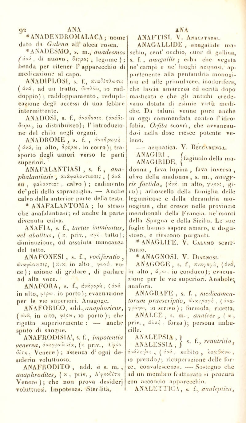 gì AN A *ANADENDROMALÀCA; nome dato du G air no all’ aloea rosea. * AN ADESMO, s. ni., anadesmos (*j}, di nuovo, Siepi; , legame); benda per ritener I’ apparecchio di medicazione al capo. ANAD1PLOSI , S. f., dvaiSiit\wTiz (ava, ad un tratto, Sur).óro, io rad- doppio); raddoppiamento, redupli- cazione degli accessi di una febbre intermittente. AN A DOSI, S. f., dvy.So'Ti;, (dvdSi- Sm(ju , io distribuisco); l’introduzio- ne del chilo negli organi. AN ACROME , s. f. , dvy.S pupo (avi, in alto, Sozum, io corro); tra- sporto degli umori verso le parli superiori. ANAFALANTIASI , s. f. , ana- phalantiasis àvàysàavna<n; , ( ava su , oa)-avTta: , calvo ) ; cadimento de’peli della sopracciglia. — Anche calvo dalla anlerior parte della testa. * ANAFALANTOMA ; lo stesso che anafulantiasi ■ ed anche la parte divenuta calva. ANAF1A, s. f., Inclus imminutus, vcl abolitilij ( y priv., xvv. tatto); diminuzione, od assoluta mancanza del tatto. ANAFONESI , s. f., vocifera lio , àvaywvvjo'ic, ( ava, in alto, ywvÀ vo- ce ) ; azione di gridare , di parlare ad alta voce. ANAFORA, s. f. , àvàyoov) , (ava in alto, yipo> io porto); evacuazione per le vie superiori. Anagoge. ANAFORICO, add.,anaphoricus, ( oiva, in alto, 'fon i io porto); che rigetta superiormente : — anche sputo di sangue. ANAFRODISIA1, s. f., impolenlia venerea, d'JzypoSìTtx, (a priv., Ayoo- Strvi, Venere ) ; assenza d’ ogni de- siderio voluttuoso. ANAFROD1TO , add. e s. m. , anapliroditesj ( a. , priv. , A'ypoSi-Yi Venere); che non prova desiderj voluttuosi. Impotenza. Sterilità. AN A ANAFTISI. Vr. Anacatabsi. ANAGALLIDE , anagallide ma- schio, cent’ occhio, cuor di gallina, s. f. . anagallis $ erba che vegeta ne’ campi e ne’ luoghi acquosi, ap- partenente alla peulandria monogi- nia cd alle primulacee, inodorifera, che lascia amarezza eri aerila dopo masticata e che gli antichi crede- vano dotata di esimie virtù medi- che. Da taluni venne pure anche in oggi commendata conti o l’idro- fobia. Orfìla scovrì, che avvanzan- dosi nella dose riesce potente ve- leno. —• acquatica. V. Beccvbunga. ANAGIRI, . . ... ANAG1R1DE, ( ° tlelld ,a- donna , fava lupina , fava inversa , olivo della madonna, s. in., anagy- ris foetida, (ava m alto, yv/so;, gi- ro); arboscello della famiglia delle leguminose e della decandria mo- nogima , che cresce nelle province meridionali della Francia, ne’monti della Spagna e della Sicilia. Le sue foglie hanno sapore amaro, e disgu- stoso, e riescono purganti. * ANAGL1FE. V. Calamo scrit- toiuo. * ANAGNOSI. V. Diagnosi. ANAGOGE, S. f, àvayoyv), (ava, in alto, i, '<>, io conduco); evacua- zione per le vie superiori. Anabole^ anafora. ANAGRAFE , s. f. , medicameli- tortini praescriptio, dvx'/pxyh , ( àv%- yp*V', io scrivo ) ; forinola, ricetta. ANALCE , s. ni., analccs , ( a , priv., d/./.i, , forza); persona imbe- cille. ANALEPSIA , 1 ANALESSIA , / £> djàirrf.; ì ( àvà , subito, ).av.5<ivi), io prendo,); ricuperazione delle for- ze, convalescenza. — Sostegno che ad un membro fratturato si procura con acconcio apparecchio. ANALETTICA, ». f., ctnaleptica.