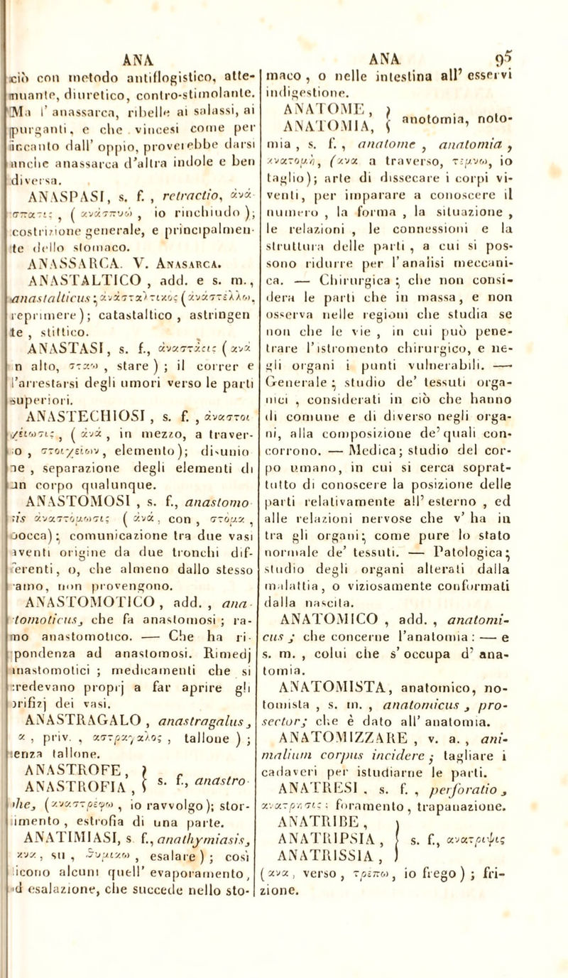 ciò con metodo antiflogistico, atte- muante, diuretico, contro-stimolante. Ma I’ anassarca, ribelle ai solassi, ai (purganti, e cbe vincesi come per lir.canto dall’ oppio, proveiebbe darsi nnclie anassarca d’altra imlole e ben diversa. AN ASPÀSI, s. f. , re tra dio, xvx gtcxil: , ( u.vxgitvù , io rinchiudo ); costrizione generale, e principalmen- te dello slomaco. ANASSARCA. V. Anasarca. ANASTALTICO , add. e s. m., •anastalticus • xvx?xxitlxo; (xvxgtè 1Àw, reprimere); catastaltico , astringen le , stittico. ANASTASI, S. f., xvu.gtx.ci: ( ava n alto, g-.u'ù , stare ) ; il correr e l’arrest&rsi degli umori verso le parti superiori. ANASTECHIOSI, s. f. , xvxgtoi ./iiuGiz, ( xvi , in mezzo, a traver- so, GTotyjiuv, elemento); disumo ae , separazione degli elementi di Jn corpo qualunque. ANASTOMOSI , s. f., anaslomo lis ù.vxgtouoìGi; ( ava , con , gtÒv.u cocca) ^ comunicazione tra due vasi aventi origine da due tronchi dif- ferenti, o, cbe almeno dallo stesso amo, non provengono. ANASTOMOTICO , add., aria- tomoticu.ij che fa anastomosi ; ra- mo anastomotico. — Che ha ri- pondenza ad anastomosi. Rimedj mastomotici ; medicamenti che si iredevano proprj a far aprire gli irifizj dei vasi. ANASTRAGALO , a nastra gains x , priv. , xGTQxyoào; , tallone ) ; lenza tallone. ANASTROFE, ì . ANASTROFI A , S s’ f'’ anastro • he, (xvu.GTpÉyM , io ravvolgo); stor- imento , estrofia di una parte. ANATEMIASI, s f. , anathyaliasis} y.vx , su , Svpixi» , esalare ) ; cosi irono alcuni quell’evaporamento, u esalazione, che succede nello sto- maro , o nelle intestina all’ esservi indigestione. ANATOME, ) ANATOMIA, ! anot0m,a’ nol°- mia , s. f. , a nato ine , anatomia , y.vxToxh, (xvx a traverso, r-p,vM, io taglio); arte di dissecare i corpi vi- venti, per imparare a conoscere il numero , la forma , la situazione , le relazioni , le connessioni e la struttura delle parti , a cui si pos- sono ridurre per l’analisi meccani- ca. — Chirurgica • che non consi- dera le parti che in massa, e non osserva nelle legioni che studia se non che le vie , in cui può pene- trare l’istromento chirurgico, e ne- gli organi i punti vulnerabili. —• Generale • studio de’ tessuti orga- nici , considerati in ciò che hanno ili comune e di diverso negli orga- ni, alla composizione de’quali con- corrono. — Medica; studio del cor- po umano, in cui si cerca soprat- tutto di conoscere la posizione delle parti relativamente all’esterno , ed alle relazioni nervose che v’ ha in tra gli organi:, come pure lo stato normale de’ tessuti. — Patologica} studio degli organi alterali dalla malattia, o viziosamente conformati dalla nascila. ANATOMICO , add. , anatomi- eus j che concerne l’anatomia : — e s. ni. , colui che s’ occupa d’ ana- tomia. ANATOMISTA, anatomico, no- tomista , s. in. , anatomicus prò- seetorj che è dato all’ anatomia. ANATOMIZZARE, v. a., ani- mainali corpus incidere; tagliare i cadaveri per istudiarrie le parti. AN AT RESI . s. f. , perforalo 3 xvxzpr,gi; ; foramento , trapanazione. ANATRI RE , ANATR1PSIA , ANATRISS1A , ( ava, verso , TpènM , zione. s. f., aval-pnpiç io frego ) ; fri-