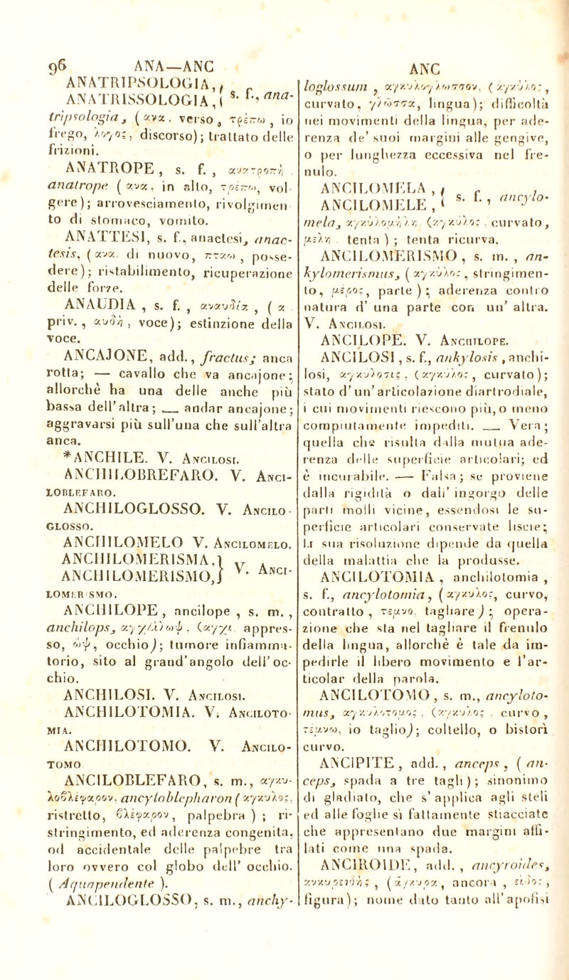 ANATRIPSOLOGIA, * _ ANATRISSOLOGIA, I 8’ f’ ana' tripwlogiaj (xvx. verso, Tfirrw , io frego, A070;, discorso); trattato delle frizioni. AIVATROPE , s. f. , cr.'jyrpfìTTY! analrope. ( xjx, in allo, toéttm, voi gere); ai-rovesciamento, rivolgimeli to di stomaco, vomito. AN ATTESI, s. f., anactcsi, anac- tesis, ( 2vk. di nuovo, rrzM , posse- dere); ristabilimento, ricuperazione delle forze. AN ALDI A , s. f. , avaurì/a , ( x priv. , , voce); estinzione della voce. ANCAJONE, add., fractu sj anca l’otta; — cavallo che va ancajone; allorché ha una delle anche più bassa dell’altra; . andar ancajone; aggravarsi più sull’una che sull’altra anca. MANCHILE. V. Anclosi. ANC1III.OBREFARO. V. Anci- LOBLEFARO. AiNCHILOGLOSSO. V. Ancilo GLOSSO. ANCI11LOMELO V. Ancilomelo. ANCIIILOMERISMA.ì v ANGUI LOMER1SMOJ V* Anci‘ LOMIR SMO. ANGUILOPE , nncilope , s. m. , anellilopsj xyy/.'ùrj>L . ix/yt appres- so, wif, occhio^; tumore infiamma- torio, sito al grand’angolo dell’oc- chio. ANCHILOSI. V. A.vctlosi. AN G HI LO TO MIA. V; Anuloto mia. AN CIII LOTO MO. V. Ancilo- TOMO ANCILOBLEFARO, s. m., <xyx\ 'koo'kiyxpu'j. ancyloblepliaron (styxuta;, ristretto, èXÈyaoov, palpebra); ri- stringimento, ed aderenza congenita, od accidentale delle palpebre tra loro ovvero col globo dell’ occhio. ( Aquapendenie ). ANCILOGLOSSO, s. m., aneli/- loglossu/n , u/y.-A'jy Aoi'T'TQj, ( y;//. j\o; t curvato, lingua); difficoltà nei movimenti della lingua, per ade- renza de’ suoi margini alle gengive, 0 per lunghezza eccessiva nel fre- nulo. ANCILOMELA , t f ANC ILO ME LE , ‘ s ‘ mela, x/y.ùi.ouv, )./, (zy/ib : curvato, /as)./! tenta ) ; tenta ricurva. ANC1LOMERISMO , s. m. , an- ky lo meri s nuis 3 ( xy zùÀo:, stringimen- to, [Aspo/ parte); aderenza contro natura d’ una parte con un’ altra. V. Ancii.osi. ANCILOPE. V. Anchilope. ANCILOSI, s. f., ankylosis , anchi- losi, xyx'jUniç , (xyxj}o:f curvato); stato d’un’articolazione diart codiale, 1 cui movimenti riescono più,o meno compiutamente impediti. Vera; quella che risulta dalla mutua ade- renza delle superficie articolari; ed è incurabile. — Falsa; se proviene dalla rigidità o dall’ ingorgo delle parti molli vicine, essendosi le su- perfìcie articolari conservate liscie; l.i sua risoluzione dipende da quella della malattia che la produsse. ANCILOTOMIA , anchilotomia , s. f., aneylolornia, [xyxuÀor, curvo, contratto , rsptvo. tagliare) ; opera- zione che sta nel tagliare il frenulo della lingua, allorché è tale da im- pedirle il libero movimento e l’ar- ticolar della parola. ANCILOTOMO, s. m., aneyloto- nuis, xyv.ji.o rogo: , (zyxv/o; curvo, T57.VW, io taglioj; coltello, o bistorì curvo. ANCIPITE , add., anccps , [an- cepSj spada a tre tagli); sinonimo di gladiato, che s’applica agli steli ed alle foglie sì fattamente stiacciate che appresenlano due margini affi- lati come una spada. ANG1ROIDE, adii. , ancyroidest x'jxv perii] ; , ( ipA'tpv., ancora, ri Ì'j: , figura); nome liuto tanto all’apofisi