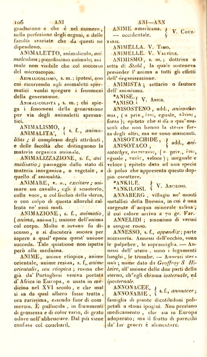 gradazione e clic è nel numero, nella perfezione degli organi, e delle facoltà svariate che dà questi ne dipendono. ANIMALETTO, ammalinolo, ani malculurn ; piccolissimo animale:, ani male non visibile che col soccorso del microscopio. Aeimalicolismo, s. m.: ipotesi, con cui ricorrendo agli animaletti sper- matici vuoisi spiegare i fenomeni della generazione. Animalicolista , s. m. ; chi spie- ga i fenomeni della generazione per via degli animaletti sperma- tici. ANIMALISMO, » ANIMALITÀ’, < s’ f’’ amm(l' Mas „• il complesso degli attributi , e delle facoltà che distinguono la materia organica animale. ANIMALIZZAZIONE, s. f., ani ma lì sa tio ; passaggio dallo stato di materia inorganica , o vegetale , a quello d’ animalità. ANIMARE, v. a., excitare ; ani- mare un cavallo, egli è scuoterlo, colla voce, o col fischio della sterza, o con colpo di questa allorché ral lenta ne’ suoi moti. ANIMAZIONE, s. f., animalio, (anima, anima); unione dell’anima col corpo. Mollo e invano fu di- scusso , e si discuterà ancora per sapere a qual’ epoca quest’ unione succeda. Tale questione non ispetta però alla medicina. ANIME, anime etiopica, anime orientale, anime résilia, s. f„ anime ori enta lis, seti etiopica ; l'esina che già da’ Portoghesi veniva portati) d’Africa in Europa, e usata in me- dicina nel XVI secolo, e che mal si sa da qual albero fosse tratta , ora rarissima, essendo fuor di coni mercio. E pullucida , in frammenti di grossezza e di color vario, ili grato odore nell’abbruciare. Dal più viene confusa col courbanl. ANIME americana. — occidentale. ' V. Cour- baril. ANIMELLA. V. Timo. ANIMELLE. V. Valvule. ANIMISMO, s. in.; dottrina o setta di Stalli , la (piale sosteneva presieder I’ aniina a tutti gli eifetti dell’ organizzazione. ANIMISTA } settario o fautore dell’ animismo. *ANISE. i v . *ANISO.! V* ÀNICB* ANISOSTENO , add., anisosthe- nus , (oc. priv., (71:, eguale, eïivoç , forza ); epiteto che si dà a que’mu- scoli che non hanno la stessa for- za degli altri, ma ne sono mancanti. ANISOTACHIDE, ì ANISOTACO , \ add’’ anl* sotachys, àviTOTawuÇj ( « priv., jto:, eguale , xax.ù:, veloce ) ; ineguale e veloce • epiteto dato ad una specie di polso che appresenta questo dop- pio carattere. *ANKILE. ì V. A.VClLOSt. •ANK.ILOSI. ( ANNABERG , villagio ne’ monti metallici della Boemia, in cui è una sorgente d’ acqua minerale salina T il cui calore arriva a 70 gr. Far. ANNELIDI ; sinonimo di vermi a sangue rosso. ANNESSO, s. f., appendix; parte accessoria. Annessi dell’occhio, sono ie palpebre , le sopracciglia. — An- nessi dell’ utero , sono 1 legamenti lunghi, le trombe. —■ Annessi ster- nali ^ nome dato da Geoffroy S Hi- laire, all’unione delle due parti dello sterno, elisegli chiama iosternale, ed iposternale. ANNONACEE, > f ANNONARIE, [ ^ anon<lcee> famiglia di piante dicotiledoni poli- petali a stami ipogiui. Non prestano medicamento , che sia in Europa adoperato; ma il frutto di parecchi de’ lof generi c alimentare.