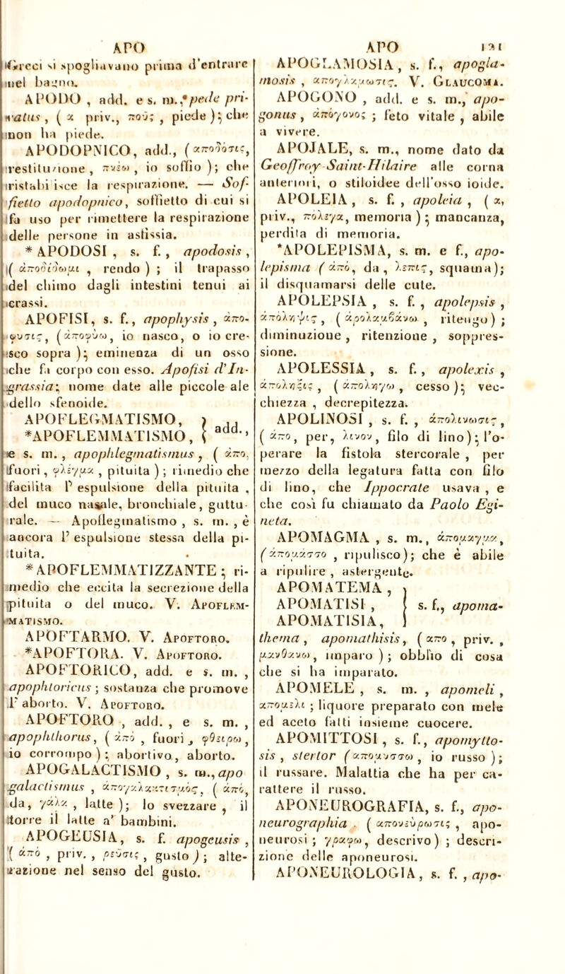 Aro •Greci \i spogliavano prima (l’entrare mel hanno. AlH)DO , acid. es. ni.fpeih pri- vatili , {x priv., ~o-J; , pieds)} che mon lia piede. APODOPNICO, add., (atjroîô«ç, nrestitu/ione , avrw , io soldo ); che installi isce la respirazione. — Sof- fietto apodopnieo, soffietto di cui si Ifa uso per rimettere la respirazione delle persone in asfissia. * APOOOSI , s. f., apodo.iit, l( tino3Pico tu , rendo ) ; il trapasso idei chimo dagli intestini tenui ai ■crassi. APOFISI, s. f., apophysis, *~o- ■ «pvat?, {xnoyùro, io nasco, o io ere- ‘Sco sopra )} eminenza di un osso ■che f,i corpo con esso. Apofìsi d’In- igrassia; nome date alle piccole ale dello sfenoide. APOFLEGMATISMO, ) ,, *APOFLEMMATISMO, \ add*’ * s. m., apoplilegmatismus, ( ò.-o. Ifuori, ©Xiyp , pituita ) ; rimedio che (facilita P espulsione della pituita , del muco natile, bronchiale, guttu raie. — Apoflegmatismo , s. m. , è ancora P espulsione stessa della pi- tuita. * A BOFLEMM ATI ZZANTE ; ri- iqredio che ec.cita la secrezione della pituita o del muco. V. Afoflfm- •matismo. ABOFTARMO. V. Apoftoro. *APOFTORA. V. Apoftoro. APOFTORILO, add. e s. in. , apophloricus ; sostanza che promove .1' aborto. V. Apoftoro. APOFTOPvQ , add. , e s. m. , apophlhorus, ( xnò , fuori., y 9 star,), io corrompo); abortivo, aborto. APOGALACT1SMO , s. tu.,apo galani anus , xnoyxAxieznxói;, ( cctt-ó, da, yxìx , latte ); lo svezzare , il Itorre il latte a’ bambini. APOGEUSIA, s. f. apogeusis , '{ à-ó , priv. , più cric, gusto ) ■ alte- razione nel senso del gusto. Aro APOGLAMOSIA, s. f., apogla- mosis , <xnoyAx;jt»7tçm V. Glaucoma. APOGONO , add. e s. m., apo- gonus , «;riyovo; ; feto vitale, abile a vivere. APOJALE, s. m., nome dato da Geoffroy Saint-HUnire alle corna anteriori, o stiloidee dell’osso ioide. A PO LEI A , s. f. , apoleia , ( x, priv., no\v/x, memoria ) • mancanza, perdita di memoria. ‘APOLEPISMA, s. m. e f., apo- lepisma (ò-~ó, da, lsnt~, squama); il disquamarsi delle cute. APOLEPSIA , s. f. , apolepd» , ?.7T0ÌYrpi~ , ( «poXxuSxvoì , ritengo); diminuzione , ritenzione , soppres- sione. APOLESSIA , s. f., apolexis , xttoIyi'i; } ( à-oXrjyw , cesso )} vec- chiezza , decrepitezza. APOLINOS1 , s. f. , Ì7nkiwn~t (àrro, per, Xivov, filo di lino)- l’o- perare la fistola stercorale , per mezzo della legatura fatta con filo di lino, che Jppocrate usava , e che cosi fu chiamato da Paolo Egi- neta. APOMAGMA , s. m., xnouxyy.x, (xnoy.x'j'io , ripulisco); che è abile a ripulire , astergente. APOMATEMA, APOMATIS1 , s. f., lipoma- APOMATISIA, thè ma , apomathisis, (aro, priv., pxvOxvoi, imparo); obbl'io di cosa che si ha imparato. APOMELE , s. m. , apomeli , xnou.zh ; liquore preparato con meta ed aceto latti insieme cuocere. APOMITTOSI, s. f., apomytto- sis, stertor (xnoyjnnoi, io russo); d russare. Malattia che ha per ca- rattere il russo. APONE OROGRAFIA, s. f., apo- neurographia . ( xnoviìjpu^t; , apo- neurosi ; ypx'fM, descrivo) ; descri- zione delle aponeurosi. APONEOROLOGIA , s. f. , apo-