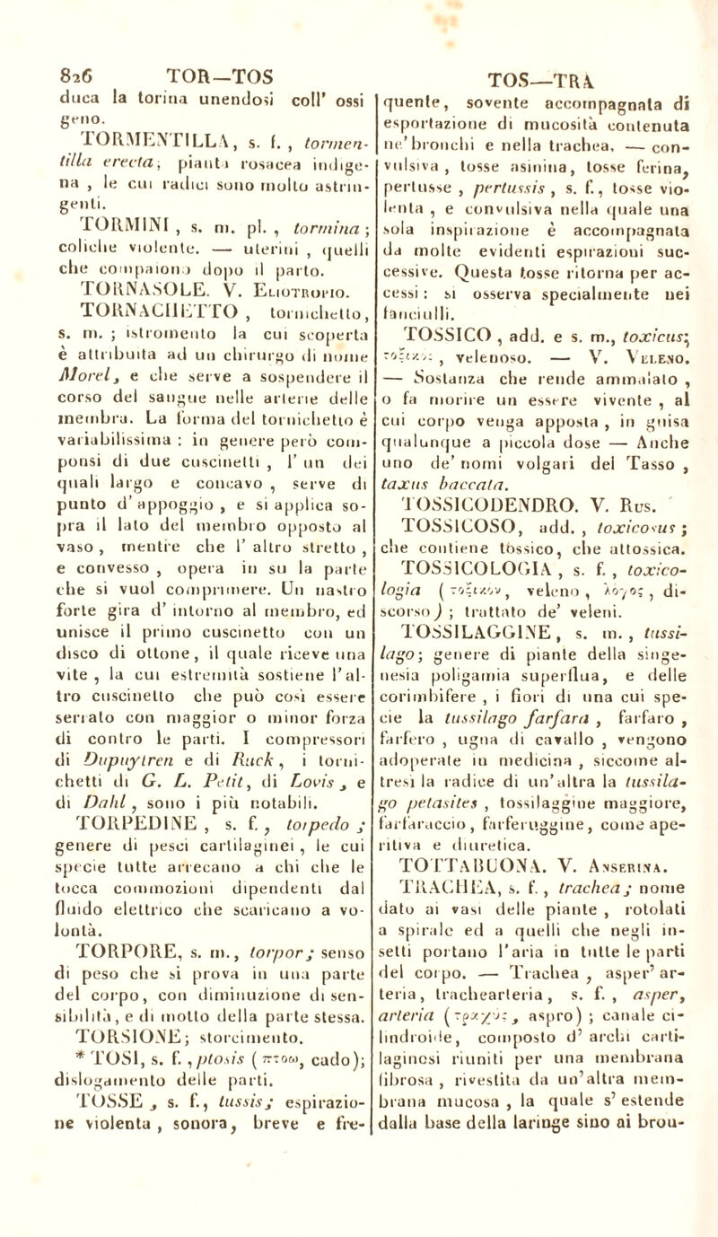 8a6 TOR—TOS duca la tonna unendosi coll’ ossi geno. IORMEN TILLA, s. f. , tornien- tilln e recta, pianti rosacea indige- na , le cui radici sono molto astrin- genti. IORMINI , s. m. pi., tonnina-, coliche violente. — uterini , (juelli che compaiono dopo il parlo. TORNASOLE. V. Eliotropio. TORNACELI TO , tormchetto, s. m. ; istromeuto la cui scoperta è attribuita ad un chirurgo di nome Aiorei, e che serve a sospendere il corso del sangue nelle arterie delle membra. La l’orma del tornichetlo è variabilissima : in genere però com- pensi di due cuscinetti , 1’ un ilei quali largo e concavo , serve di punto d’appoggio, e si applica so- pra il lato del meinbio opposto al vaso , mentre che I’ altro stretto , e convesso , opera in su la parte che si vuol comprimere. Un nastro forte gira d’ intorno al membro, ed unisce il primo cuscinetto con un disco di ottone, il quale riceve una vite, la cui estremità sostiene l’al- tro cuscinetto die può cosi essere senato con maggior o minor forza di contro le parti. I compressori di Dupuytren e di Rack, i torni- chetti di G. L. Petit, di Lovis , e di Dahl, sono i piò notabili. TORPEDINE , s. f. , tot pedo ,• genere di pesci cartilaginei , le cui specie tutte arrecano a chi che le tocca commozioni dipendenti dal fluido elettrico che scaricano a vo- lontà. TORPORE, s. m., torpori senso di peso che si prova in una parte del corpo, con diminuzione di sen- sibilità, e di motto della parte stessa. TORSIONE; storcimento. * TOSI, s. f. ,ptosis ( 7ttoo, cado); dislogamento delle parti. TOSSE j s. f., lussisj espirazio- ne violenta , sonora, breve e fre- TOS—TRA quente, sovente accompagnata di esportazione di mucosità contenuta ne’bronchi e nella trachea, — con- vulsiva , tosse asinina, tosse ferina, pertus.se , peri assis , s. f., tosse vio- lenta , e convulsiva nella quale una sola inspirazione è accompagnata da molte evidenti espirazioni suc- cessive. Questa tosse ritorna per ac- cessi : si osserva specialmente nei fanciulli. TOSSICO , add. e s. m., toxicus} T'jzr/.y: , velenoso. — V. Veleno. — Sostanza che rende ammalato , o fa morire un essere vivente , al cui corpo venga apposta , in guisa qualunque a piccola dose — Anche uno de’ nomi volgari dei Tasso , taxas haccata. TOSSICODENDRO. V. Rus. TOSS1COSO, add. , toxicosus ; che contiene tòssico, che attossica. TOSSICOLOGIA , s. f. , toxico- logia (t rjli/.'j-s y veleno, di- scorso ) ; trattato de’ veleni. TOSSILAGGINE, s. m. , tassi- lago; genere di piante della singe- nesia poligamia superflua, e delle corimbifere , i fiori di una cui spe- cie la lussilago farfara , farfaro , farfero , ugna di cavallo , vengono adoperale in medicina , siccome al- tresì la radice di un’altra la tussila- go petasites , tossilaggine maggiore, farfaraccio, farferuggine, come ape- ritiva e diuretica. TOTTA1HJONA. V. Asserita. TRACHEA, s. f. , tracheai nome dato ai vasi delle piante , rotolati a spirale ed a quelli che negli in- setti portano l’aria in tutte le parti del corpo. — Trachea, asper’ar- teria, trachearleria , s. f. , asper, arteria f aspro) ; canale ci- lindroide, composto d’archi carti- laginosi riuniti per lina membrana fibrosa , rivestita da un’altra mem- brana mucosa , la quale s’ estende dalla base della laringe sino ai brou-