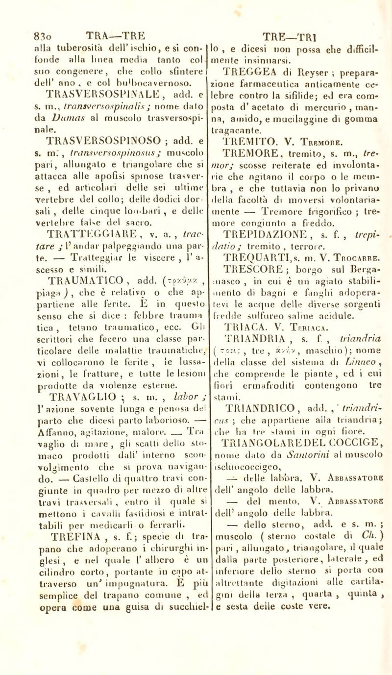 83o TRA—TRE alla tuberosità dell’ ischio, e si con- fonde alla linea media tanto col suo congenere, che collo sfintere dell’ ano , e col bu'bncavernoso. TRASVERSOSPINALE, add. e s. in., transversospìnalis ; nome dato da Dumas al muscolo trasversospi- nale. TRASVERSOSPINOSO ; add. e s. m.', transversospinosus j muscolo pari, allungalo e triangolare che si attacca alle apofisi spinose liasver- se , ed articolari delie sei ultime vertebre del collo; delle dodici dor- sali , delle cinque lombari , e delle vertebre faUe del sacro. TRATTEGGIARE, v. a., trac- tare ; l’andar palpeggiando una par- te. — Tratteggiar le viscere , 1’ a- scesso e simili. TRAUMATICO, add. (t?aùux , piaga ) , che è relativo o che ap- partiene alle ferite. E in questo senso che si dice : febbre trauma tica , telano traumatico, ecc. Gli scrittori che fecero una classe par- ticolare delle malattie traumatiche, vi collocarono le ferite , le lussa- zioni, le fratture, e tutte le lesioni prodotte da violenze esterne. TRAVAGLIO ^ s. m. , labor ; 1’ azione sovente lunga e penosa del parto che dicesi parto laborioso. — Affanno, agitazione, malore. . Tra vaglio di mare , gli scatti dello sto- maco prodotti dali’ interno scon- volgimento che si prova navigan- do. — Castello eli quattro travi con- giunte in quadro per mezzo di altre travi trasversali , entro il quale si mettono i cavalli fastidiosi e intrat- tabili per medicarli o ferrarli. TREFINA , s. f.; specie di tra- pano che adoperano i chirurghi in- glesi , e nel (piale 1’ albero è un cilindro corto, portante in capo at- traverso uri* impugnatura. E più semplice del trapano comune , ed opera come una guisa di suechiel- TRE—TRI lo , e dicesi non possa die difficil- mente insinuarsi. TREGGEA di Pveyser ; prepara- zione farmaceutica anticamente ce- lebre contro la sifilide; ed era com- posta d’ acetato di mercurio , man- na, amido, e mucilaggine di gomma tragacante. TREMITO. V. Tremore. TREMORE, tremito, s. m., tre- morj scosse reiterate ed involonta- rie che agitano il corpo o le mem- bra , e che tuttavia non lo privano della facoltà di moversi volontaria- mente — Tremore frigorifìeo ; tre- more congiunto a freddo. TREPIDAZIONE , s. f. , trepi- dati o ; tremito , terrore. TREQUARTI,*, m. V. Trocarre. TRESCORE ; borgo sul Berga- masco , in cui è un agiato stabili- mento di bagni e fanghi adopera- tevi le acque delle diverse sorgenti fredde sulfureo saline acidule. TRIACA. V. Teriaca. TR1ANDR1A , s. f , triandria ( tozi; , tre , à'j, maschio); nome della classe del sistema di Linneo, elie comprende le piante , ed i cui fiori ermafroditi contengono tre stami. TRIANDRICO , add. , ’ triandri- eus ; che appartiene alla triandria; che ha Ire slami in ogni fiore. TRIANGOLA RE DEL COCCIGE, nome dato da Santorini al muscolo ischiococcigeo, — delle labbra. V. Abbassatore dell’ angolo delle labbra. — del mento. V. Abbassatore dell’ angolo delle labbra. — dello sterno, adii, e s. ni. ; muscolo ( sterno costale di Ch. ) pari , allungato, triangolare, il quale dalla parte posteriore, laterale, ed inferiore delio sterno si porta con altrettante digitazioni alle cartila- gini della terza , quarta , quinta , e sesta deile coste vere.