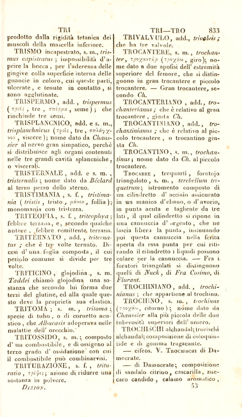 prodotto dalla rigidità tetanica dei muscoli della mascella inferiore. TRISMO incapestrato, s. m., tris- inus capistratus ; impossibilità d’a- prire la bocca , per l’aderenza delle gingive colla superficie interna delle guancie in coloro, cui queste parli, ulcerate , e tenute iu coutalto , si sono agglutinate. TRISPERMO , add. , trispermus ( T'Oiï; , tre , <rnippx , seme) ; che rinchiude tre semi. TRI SPLANCNICO, add. e s. m., trisplanchnicus tre, uirtMyy. vov ì viscere ); nome dato da Cliaus- sier al nervo gran simpatico, perchè si distribuisce agli organi contenuti nelle tre grandi cavità splancniche, o viscerali. TR1STERNALE , add. e s. m. , trislernalis } nome dato da Béclard al terzo pezzo dello sterno. TRISTIMANIA , s. f. , tristima- nia ( tristis , tristo j pània 3 follia); monomania con tristezza. TR.ITEOFIA, s. f. , triteophya ; febbre terzana, e, secondo qualche autore . ,febbre remittente, terzana. TRITERNATO , add. , tri terna- tus ; che è tre volte ternato. Di- cesi d’una foglia composta, il cui peziolo comune si divide per tre volte. TRITIC1NO , glojodina , s. m. Tadclei chiamò glojodina una so stanza che secondo lui forma due terzi del glutine, ed alla quale que- sto deve la proprietà sua elastica. TRITOMA ; s. m. , tri toma } specie di tubo , o di cornetto acu- stico , che Albucasis adoperava nelle malattie dell’ orecchio.' TRITOSSIDO, s. m. } composto d’ uu combustibile, e di ossigeno al terzo grado d’ ossidazione con cui il combustibile può combinarmi. TRITURAZIONE, s. f. , tritu- rati o , azione di ridurre una sostanza in polvere. Dizioy. TRIV ALVULO, add., trivehis ; che ha tre valvole. T ROCANTERE, s. m., trochan- ter, Tpo-yoivTrip (too^ìm, giro)} no- me dato a due a[)ofisi dell’ estremità superiore del femore, che si distin- guono in gran trocantere e piccolo trocantere. — Gran trocantere., se- condo Ch. TROCANTERI ANO , add.. Irò- chante rianus ; che è relativo al gran trocantere , giusta Ch. TROCANTINIANO , add., tro- chantinianus j che è relativo al pic- colo trocantere , o trocantino giu- sta Ch. TROCANTINO, s. m., trochan- tinus ; nome dato da Ch. al piccolo trocantere. Trocarre , trequarti , forotojo triangoloto , s. m. , tcrebellum tri- quetrum} istromento composto di un cilindretto d’ acciaio assicurato in un manico d’ebano, o d’avorio, in punta acuta e tagliente da tre lati , il qual cilindretto si ripone in una cannuccia d’ argento , che ne lascia libera la punta , insinuando poi questa cannuccia nella ferita aperta da essa punta per cui riti- rando il cilindretto 1 liquidi possono colare per la cannuccia. — Fra i foratori triangolati si distinguono quelli di Nuck , di Fra Cosimo, di Flurant. TROCHINIANO , add. , trochi- nianus ; che appartiene al trochino. TROCII1NO, s. iu. , trochinus (Tpoyà'->t ritorno)} nóme dato da Chaussier olla più piccola delle due tuberosità superiori dell’ omero. TROCHI5CH1 alchandal} trocischi alchandal} composizione di coloquin- tide e di gomma tragacanle. — cifeos. V. Trociiiscui di Da- mo era te. — di Dainocrate} composizione di sandalo citrino, cascarilla, zuc- caro candido , calamo aromatico , 53
