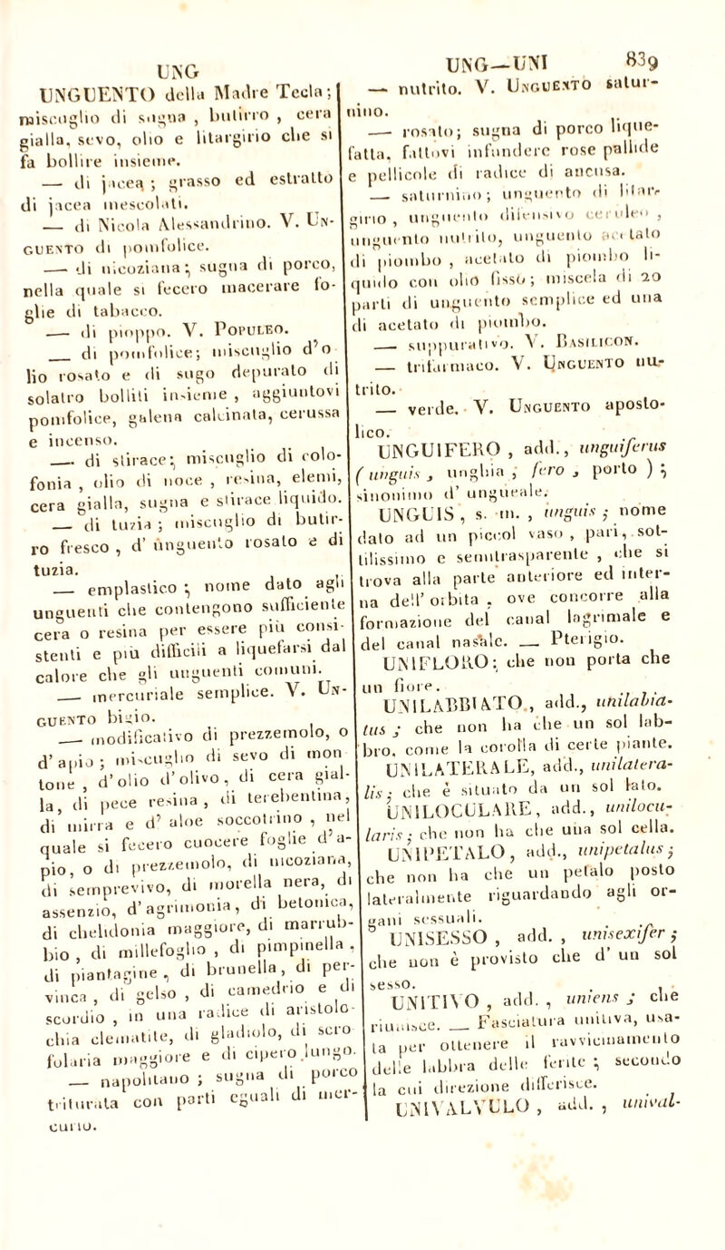 UNO UNGUENTO della Madre Tecla; -UNI Unguento 839 salui- miscuglio ili sogna , bulino , cera gialla, sevo, olio e litargirio cbe si fa bollire insieme. — di jacen ; grasso ed eslralto di iacea mescolali. — di Nicola Alessandrino. V. Un- guento di |)omfolice. —- di nicoziana- sugna di porco nella quale si fecero macerare io glie di tabacco. — di pioppo. V. Populeo. di pomfolice; miscuglio d o lio rosato e di sugo depuralo di solatro bollili indente , aggiuntovi pomfolice, galena calcinala, cei ussa e incenso. di slirace-, miscuglio di colo- fonia , olio di noce, resina, elenii, cera gialla, sugna e slirace liquido. di tuvia ; miscuglio di butir- ro fresco , d’ unguento rosalo e di tuzia. emplastico -, nome dato agl unguenti cbe contengono sufficiente cera o resina per essere più consi- stenti e piu difficili a liquefarsi dal calore cbe gli unguenti comuni. mercuriale semplice. V. Un- guento bigio. . modificativo di prezzemolo, o d’apio; miscuglio di sevo di mon ione , d’olio d’olivo, di cera gial- la di pece resina, di terebentina, di’mirra e d’ aloe soccotrino , nel quale si fecero cuocere foglie d u- plo, o di prezzemolo, di nicoziana, di semprevivo, di morella nera, di assenzio, d’agrimonia, di betonica, di chelidonia maggiore, di marruo- bio , di millefoglio , di pimpinella , di piantatine, d. brunella, di per- vinca , di' gelso , di camedrio e d, scordio , in una radice di aristolo citi a clématite, di gladiolo, di scio folaria maggiore e d. cipero .lungo. _ napolitano ; sugna di poi co triturata con parti eguali di u.er- UNG- —- nutrito. V. nino. —- rosato; sugna di porco lique- fatta, fattovi infondere rose pallide e pellicole di radice di ancusa. —- saturnino ; unguento di l'taiv unguis ,- nome girlo, unguento dilciisivo ceruleo , unguento nutrito, unguento ari tato di piombo , acetato di piombo li- quido con olio (Isso; miscela di io parti di unguento semplice ed una di acetato di piombo. . suppurativo. Basilico*. — tritarmaco. V. Unguento nu- trito. verde. V. Unguento aposto- lico. UNGU1FERO , add., un guifcrus ( unguis j unghia , fero j porto ) ^ sinonimo d’ ungueale. UNGU1S , s. in. . „ dato ad un piceol vaso , pari, sot- tilissimo e semitrasparente , che si trova alla parte anteriore ed inter- na dell’orbita, ove concorre alla formazione del canal In g rimale e del canal nasale. _ Pterigio. UNI FLORO:, die non porta che un fiore. UNILABBIATO., add., utulabia- tus j che non ha che un sol lab- bro. come la corolla iti certe piante. UNILATERALE, add., unilalera- Us . clie è situato da un sol lato. UNILOCULARE, add., unilocu- laris ■ clic non ha die una sol cella. UNI PETALO , add., unipetalus ^ che non ha che un petalo posto lateralmente riguardando agli or- gani sessuali. . UNISESSO , add., umsextjer ; che uon è provisto die d un sol sesso. . . UNITIVO, add., uni eus j che riunisce. __ Fasciatura unitiva, usa- la per ottenere il ravvicinamento delle labbra delle lente , secondo la cui direzione differisce. UNIYALYULO, add., umval- cuno.