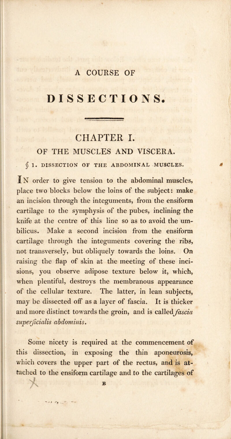 A COURSE OF DISSECTIONS. CHAPTER I. OF THE MUSCLES AND VISCERA. § 1. DISSECTION OF THE ABDOMINAL MUSCLES. IN order to give tension to the abdominal muscles, place two blocks below the loins of the subject: make an incision through the integuments, from the ensiform cartilage to the symphysis of the pubes, inclining the knife at the centre of this line so as to avoid the um¬ bilicus. Make a second incision from the ensiform cartilage through the integuments covering the ribs, not transversely, but obliquely towards the loins. On raising the flap of skin at the meeting of these inci¬ sions, you observe adipose texture below it, which, when plentiful, destroys the membranous appearance of the cellular texture. The latter, in lean subjects, may be dissected off as a layer of fascia. It is thicker and more distinct towards the groin, and is called fascia superjicialis abdominis. Some nicety is required at the commencement of this dissection, in exposing the thin aponeurosis, which covers the upper part of the rectus, and is at¬ tached to the ensiform cartilage and to the cartilages of