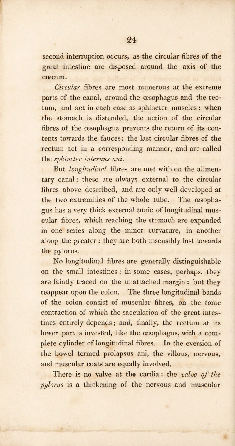 second interruption occurs, as the circular fibres of the great intestine are disposed around the axis of the c cecum. Circular fibres are most numerous at the extreme parts of the canal, around the oesophagus and the rec¬ tum, and act in each case as sphincter muscles : when the stomach is distended, the action of the circular fibres of the oesophagus prevents the return of its con¬ tents towards the fauces: the last circular fibres of the rectum act in a corresponding manner, and are called the sphincter internus ani. But longitudinal fibres are met with on the alimen- tary canal: these are always external to the circular fibres above described, and are only well developed at the two extremities of the whole tube. The oesopha¬ gus has a very thick external tunic of longitudinal mus¬ cular fibres, which reaching the stomach are expanded in one series along the minor curvature, in another along the greater : they are both insensibly lost towards the pylorus. No longitudinal fibres are generally distinguishable on the small intestines: in some cases, perhaps, they are faintly traced on the unattached margin : but they reappear upon the colon. The three longitudinal bands of the colon consist of muscular fibres, on the tonic contraction of which the sacculation of the great intes¬ tines entirely depends; and, finally, the rectum at its lower part is invested, like the oesophagus, with a com¬ plete cylinder of longitudinal fibres. In the eversion of the bowel termed prolapsus ani, the villous, nervous, and muscular coats are equally involved. There is no valve at the cardia: the naive of the pylorus is a thickening of the nervous and muscular