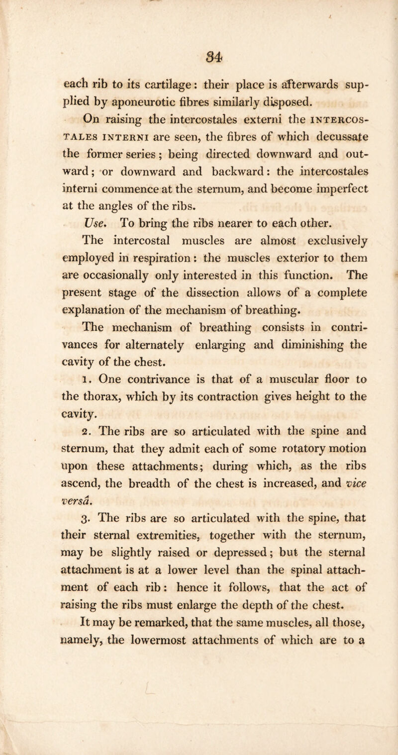 A 84 each rib to its cartilage: their place is afterwards sup¬ plied by aponeurotic fibres similarly disposed. On raising the intercostales extend the intercos¬ tales interni are seen, the fibres of which decussate the former series; being directed downward and out¬ ward ; or downward and backward: the intercostales interni commence at the sternum, and become imperfect at the angles of the ribs. Use. To bring the ribs nearer to each other. The intercostal muscles are almost exclusively employed in respiration: the muscles exterior to them are occasionally only interested in this function. The present stage of the dissection allows of a complete explanation of the mechanism of breathing. The mechanism of breathing consists in contri¬ vances for alternately enlarging and diminishing the cavity of the chest. 1. One contrivance is that of a muscular floor to the thorax, which by its contraction gives height to the cavity. 2. The ribs are so articulated with the spine and sternum, that they admit each of some rotatory motion upon these attachments; during which, as the ribs ascend, the breadth of the chest is increased, and vice versa. 3. The ribs are so articulated with the spine, that their sternal extremities, together with the sternum, may be slightly raised or depressed; but the sternal attachment is at a lower level than the spinal attach¬ ment of each rib: hence it follows, that the act of raising the ribs must enlarge the depth of the chest. It may be remarked, that the same muscles, all those, namely, the lowermost attachments of which are to a /