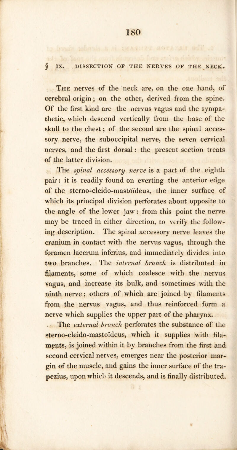 § IX. DISSECTION OF THE NERVES OF THE NECK, The nerves of the neck are, on the one hand, of cerebral origin; on the other, derived from the spine. Of the first kind are the nervus vagus and the sympa¬ thetic, which descend vertically from the base of the skull to the chest; of the second are the spinal acces¬ sory nerve, the suboccipital nerve, the seven cervical nerves, and the first dorsal: the present section treats of the latter division. The spinal accessory nerve is a part of the eighth pair: it is readily found on everting the anterior edge of the sterno-cleido-mastoideus, the inner surface of which its principal division perforates about opposite to the angle of the lower jaw: from this point the nerve may be traced in either direction, to verify the follow¬ ing description. The spinal accessory nerve leaves the cranium in contact with the nervus vagus, through the foramen lacerum inferius, and immediately divides into two branches. The internal branch is distributed in filaments, some of which coalesce with the nervus vagus, and increase its bulk, and sometimes with the ninth nerve; others of which are joined by filaments from the nervus vagus, and thus reinforced form a nerve which supplies the upper part of the pharynx. The external branch perforates the substance of the sterno-cleido-mastoideus, which it supplies with fila¬ ments, is joined within it by branches from the first and second cervical nerves, emerges near the posterior mar¬ gin of the muscle, and gains the inner surface of the tra¬ pezius, uponwdiich it descends, and is finally distributed.