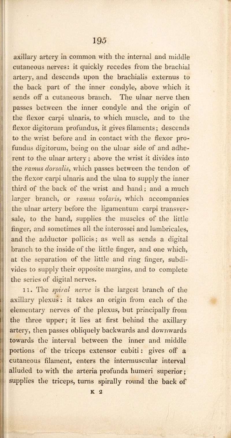 i! i i axillary artery in common with the internal and middle cutaneous nerves: it quickly recedes from the brachial artery, and descends upon the brachialis externus to the back part of the inner condyle, above which it sends olf a cutaneous branch. The ulnar nerve then passes between the inner condjde and the origin of the flexor carpi ulnaris, to which muscle, and to the flexor digitorum profundus, it gives filaments; descends to the wrist before and in contact with the flexor pro¬ fundus digitorum, being on the ulnar side of and adhe¬ rent to the ulnar artery; above the wrist it divides into the ramus dorsalis, which passes between the tendon of the flexor carpi ulnaris and the ulna to supply the inner third of the back of the wrist and hand; and a much larger branch, or ramus volaris, which accompanies the ulnar artery before the ligamentum carpi transver- sale, to the hand, supplies the muscles of the little finger, and sometimes all the interossei and lumbricales, and the adductor pollicis; as well as sends a digital branch to the inside of the little finger, and one which, at the separation of the little and ring finger, subdi¬ vides to supply their opposite margins, and to complete the series of digital nerves. 11. The spiral nerve is the largest branch of the axillary plexus: it takes an origin from each of the elementary nerves of the plexus, but principally from the three upper; it lies at first behind the axillary artery, then passes obliquely backwards and downwards towards the interval between the inner and middle portions of the triceps extensor cubiti: gives off a cutaneous filament, enters the intermuscular interval alluded to with the arteria profunda humeri superior; supplies the triceps, turns spirally round the back of