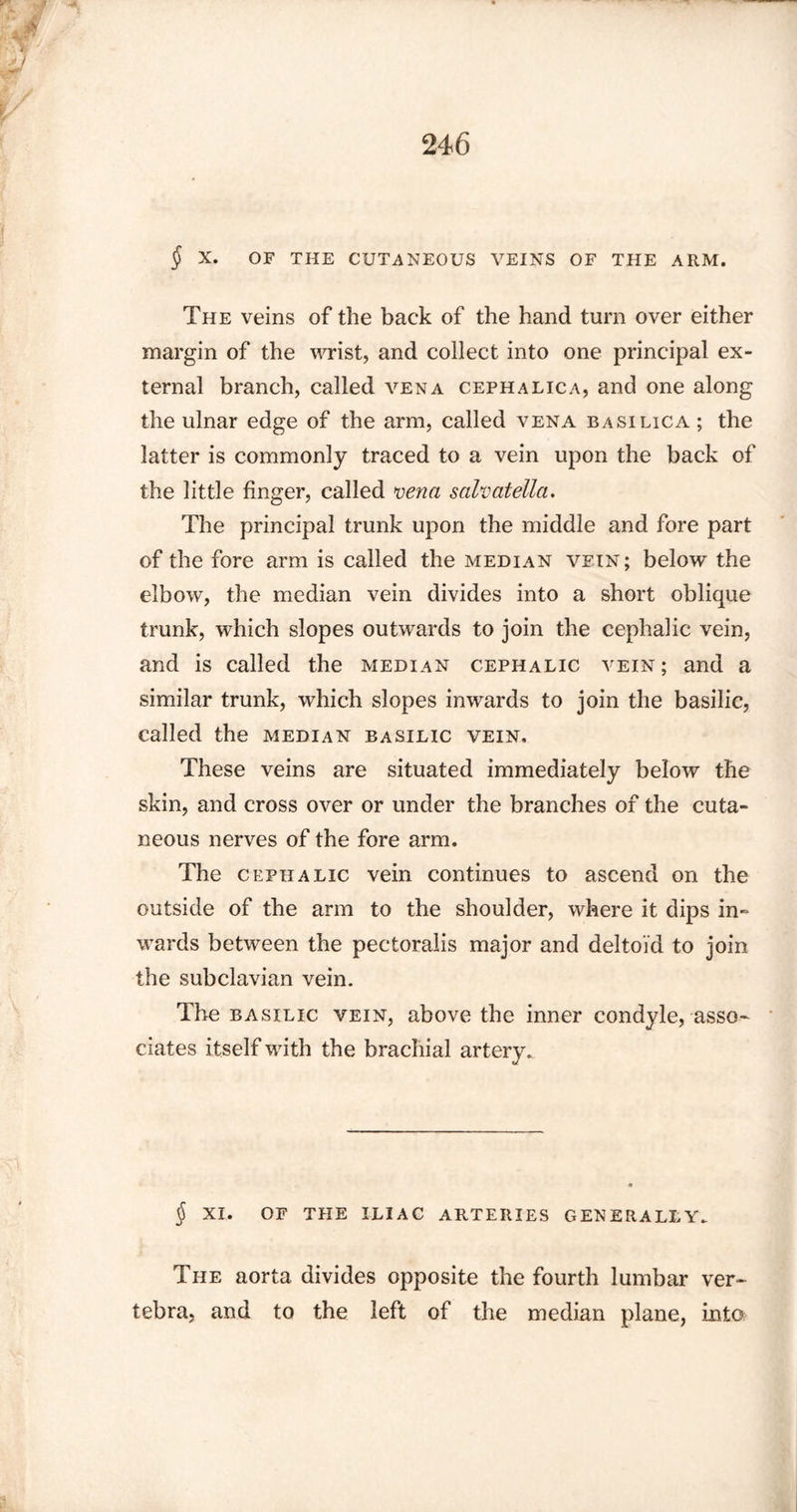 $ X. OF THE CUTANEOUS VEINS OF THE ARM. The veins of the back of the hand turn over either margin of the wrist, and collect into one principal ex¬ ternal branch, called vena cephalica, and one along the ulnar edge of the arm, called vena basilica ; the latter is commonly traced to a vein upon the back of the little finger, called vena salvatella. The principal trunk upon the middle and fore part of the fore arm is called the median vein; below the elbow, the median vein divides into a short oblique trunk, which slopes outwards to join the cephalic vein, and is called the median cephalic vein; and a similar trunk, which slopes inwards to join the basilic, called the median basilic vein. These veins are situated immediately below the skin, and cross over or under the branches of the cuta¬ neous nerves of the fore arm. The cephalic vein continues to ascend on the outside of the arm to the shoulder, where it dips in¬ wards between the pectoralis major and deltoid to join the subclavian vein. The basilic vein, above the inner condyle, asso¬ ciates itself with the brachial artery. § XI. OF the iliac arteries generally. The aorta divides opposite the fourth lumbar ver¬ tebra, and to the left of the median plane, into