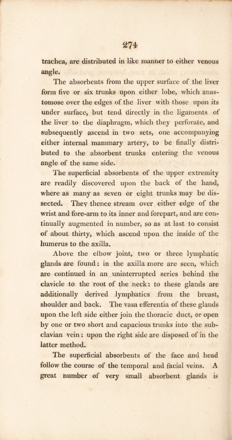 trachea, are distributed in like manner to either venous angle. The absorbents from the upper surface of the liver form five or six trunks upon either lobe, which anas¬ tomose over the edges of the liver with those upon its under surface, but tend directly in the ligaments of the liver to the diaphragm, which they perforate, and subsequently ascend in two sets, one accompanying either internal mammary artery, to be finally distri¬ buted to the absorbent trunks entering the venous angle of the same side. The superficial absorbents of the upper extremity are readily discovered upon the back of the hand, where as many as seven or eight trunks may be dis¬ sected. They thence stream over either edge of the wrist and fore-arm to its inner and forepart, and are con¬ tinually augmented in number, so as at last to consist of about thirty, which ascend upon the inside of the humerus to the axilla. Above the elbow joint, two or three lymphatic glands are found: in the axilla more are seen, which are continued in an uninterrupted series behind the clavicle to the root of the neck: to these glands are additionally derived lymphatics from the breast, shoulder and back. The vasa efferentia of these glands upon the left side either join the thoracic duct, or open by one or two short and capacious trunks into the sub¬ clavian vein : upon the right side are disposed of in the latter method. The superficial absorbents of the face and head follow the course of the temporal and facial veins. A great number of very small absorbent glands is