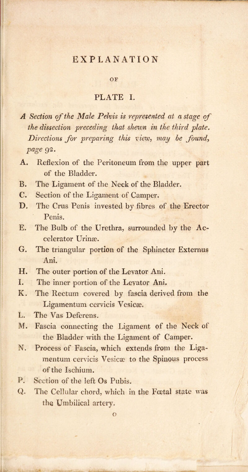 EXPLANATION OF PLATE I. A Section of the Male Pelvis is represented at a stage of the dissection preceding that shewn in the third plate. Directions for preparing this view, may he found, page 92. A. Reflexion of the Peritoneum from the upper part of the Bladder. B. The Ligament of the Neck of the Bladder. C. Section of the Ligament of Camper. D. The Crus Penis invested by fibres of the Erector Penis. E. The Bulb of the Urethra, surrounded by the Ac¬ celerator Urinae. G. The triangular portion of the Sphincter Externus Ani. H. The outer portion of the Levator Ani. I. The inner portion of the Levator Ani. K. The Rectum covered by fascia derived from the Ligamentum cervicis Vesicae. L. The Vas Deferens. M. Fascia connecting the Ligament of the Neck of the Bladder with the Ligament of Camper. N. Process of Fascia, which extends from the Liga¬ mentum cervicis Vesicae to the Spinous process of the Ischium. P. Section of the left Os Pubis. Q. The Cellular chord, which in the Foetal state was the Umbilical artery.