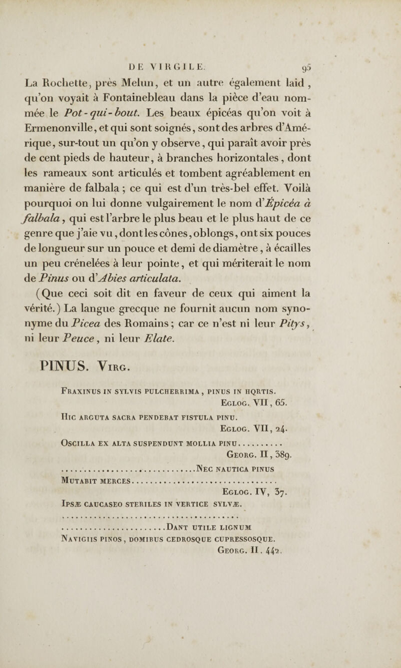 La Rochette, près Melun, et un autre également laid , qu’on voyait à Fontainebleau dans la pièce d’eau nom¬ mée le Pot ~ qui-bout. Les beaux épicéas qu’on voit à Ermenonville, et qui sont soignés, sont des arbres d’Amé¬ rique , sur-tout un qu’on y observe, qui paraît avoir près de cent pieds de hauteur, à branches horizontales, dont les rameaux sont articulés et tombent agréablement en manière de falbala ; ce qui est d’un très-bel effet. Voilà pourquoi on lui donne vulgairement le nom di Épicéa à falbala, qui est l’arbre le plus beau et le plus haut de ce genre que j’aie vu, dont les cônes, oblongs, ont six pouces de longueur sur un pouce et demi de diamètre, à écailles un peu crénelées à leur pointe, et qui mériterait le nom de P inus ou ééAbies articulata. (Que ceci soit dit en faveur de ceux qui aiment la vérité. ) La langue grecque ne fournit aucun nom syno¬ nyme du Picea des Romains ; car ce n’est ni leur Pitjs, ni leur Peuce, ni leur Elate. PINUS. ViRG. FrAXINUS in SYLVIS PULCHERRIMA, PINUS IN HQRTIS. Eglog. yil, 65. Hic arguta sacra pendebat fistula pinu. Eglog. VII, 24* Oscilla ex alta suspendunt mollia pinu. Georg. II, 389. .]NEC NAUTICA PINUS Mutabit merces Eglog. IV, 37. IPSÆ CAUCASEO STERILES IN VERTICE SYLVÆ. .DaNT UTILE LIGNUM Navigiis pinos, domibus cedrosque cupressosque. Georg. II. 44'2.