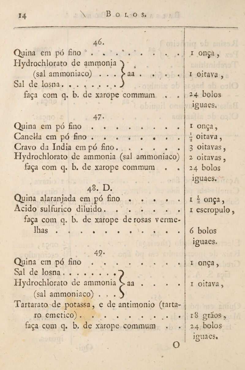 Bolos. '\ 4Ó. • Quina em pó fino ' . • .  . . I ongà j Hydrochlorato de ammonia (sal ammoniaco) . . . >aa , I oitava , Sal de losna.) i / faça com q. b. de xarope commum . 24 bolos iguaes. 47- 1 Quina em pó fino. I onça. Canella em pó fino \ oitava , Cravo da índia em pó fino. ,. 3 oitavas, Hydrochlorato de ammonia (sal ammoniaco) 2 oitavas. faça com q. b. de xarope commum . 24 bolos f í » iguaes. 4S. D. Quina alaranjada em pó fino. I \ onça, Acido sulfurico diluido. . • . I escropulo, faça com q. b. de xarope de rosas verme- lhas • • a • • • • • • 6 bolos *. « iguaes. 49. Quina em pó fino .. I onça, Sal de losna.*0 Hydrochlorato de ammonia > aa . I oitava, (sal ammoniaco) , . . Tartarato de potassa, e de antimonio (tarta- ro emetico)......... 18 graos, faça com q. b. de xarope commum . 24 bolos iguaes. 1 f