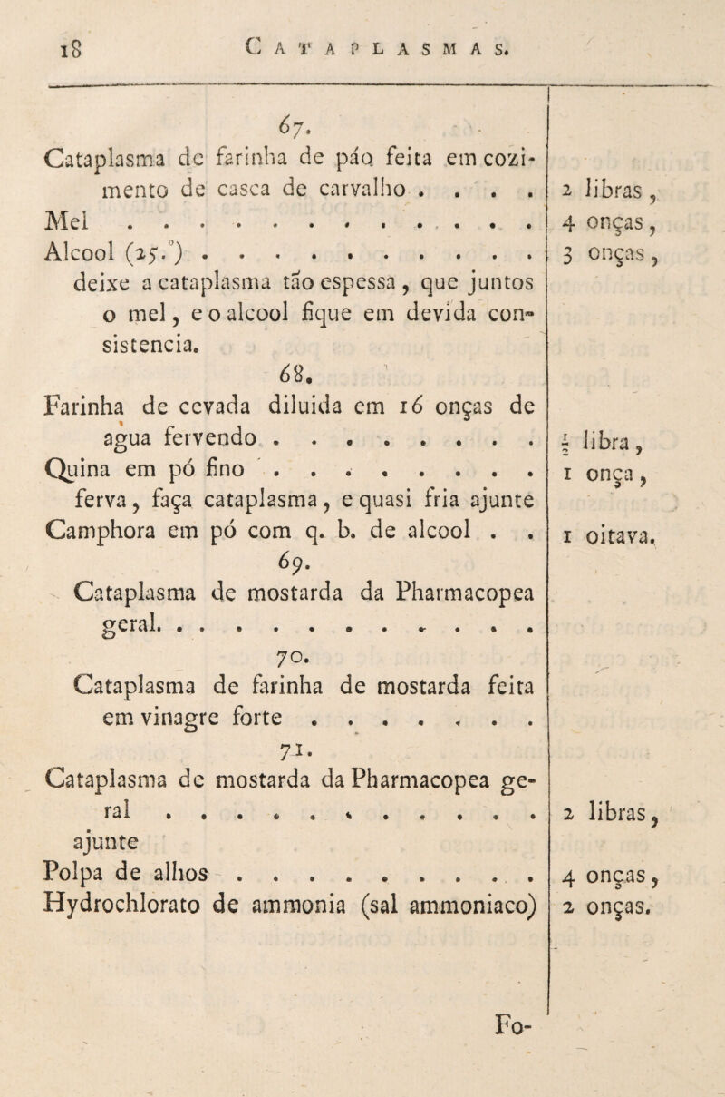 Cataplasma dc farinha de páq feita em cozi¬ mento de casca dc carvalho . . . . Mel. Álcool (a.S'.). deixe a cataplasma tão espessa, que juntos o mel, e o álcool fique em devida con¬ sistência. 62. Farinha de cevada diluida em id onças de agua fervendo. Quina em pó fino .. ferva , faça cataplasma , e quasi fria ajunte Camphora em pó com q. b. de álcool . 69. Cataplasma de mostarda da Pharmacopea geral. 70. Cataplasma de farinha de mostarda feita em vinagre forte ....... 71- Cataplasma de mostarda da Pharmacopea ge¬ ral • ajunte Polpa de alhos.. Hydrochlorato de ammonia (sal ammoniaco) 2 libras , 4 onças, 3 onças. i libra, I onça, I oitava. 2 libras, 4 onças, 2 onças. Fo-