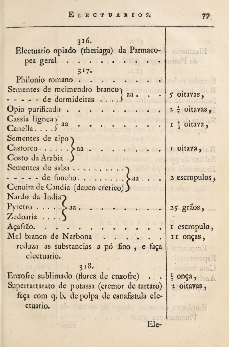 Si6. Electuario opiado (therlaga) da Parmaco- pC(i ^crâl • • • • • • * • • 317. Philonio romano. Sementes de meimendro branco - - - - - de dormideiras * . . . Opio purificado Cassia lignea^ Canella. . , Sementes de aipo Castoreo. Costo da Arabia . Sementes de salsa - - — - de funcho.. . . Cenoira de Candia (dauco cretico) Nardo da índia Pyretro. Zedoariá .... Açafrao. Mel branco de Narbona ...... reduza as substancias a pó fino , e faça electuario. 318. Enxofre sublimado (flores de enxofre) . . Supertartarato de potassa (cremor de tartaro) faça com q. b. de polpa de canafistula ele¬ ctuario. Ele- S oitavas, 2 ^ oitavas, ,í . I 5 oitava, 1 oitava, » ' ' r •- * f ir. 2 escropulos, 2$ grãos, 1 escropulo, II onças, f t i í '■ / ^ / ' ? t 3 onça, ; 2 oitavas .