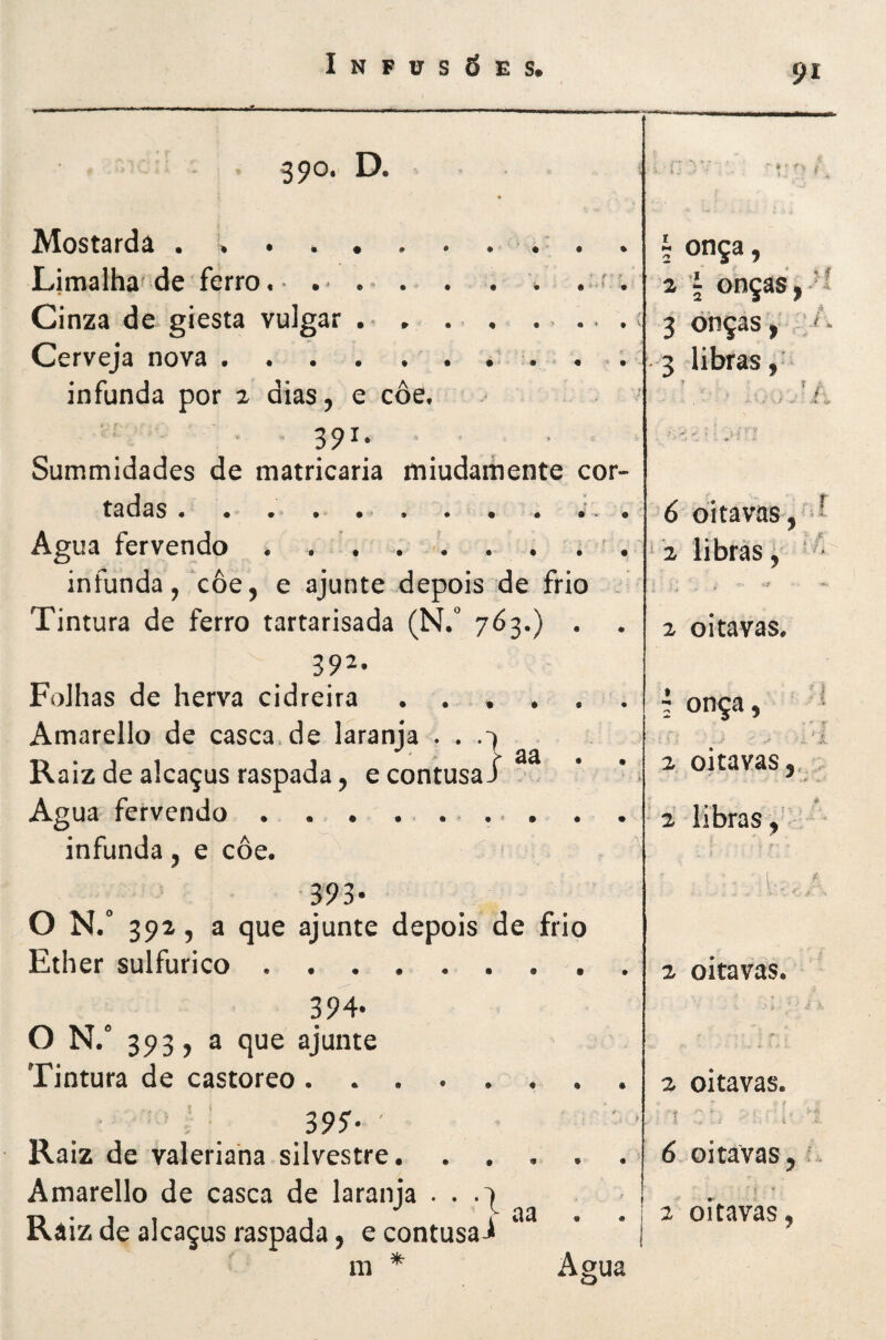 9í po» • 1. i. \ ' t\ Mostarda ■ ■ ■ •' • . 5 onça, Limalha'de ferro, .. ' r > a onças, -'* Cinza de giesta vulgar . » . , 3 onças, Cerveja nova.. 3 libras infunda por 2 dias, e coe. t • , y f ^ 391- » ' i-A ‘ ' ■ . t. •• Summidades de matricaria miudamente cor- ta das • • • • »f • • • ► ■ 6 oitavas/'* Agua fervendo . . . . *• • - r ■ • • • ‘2 libras V infunda, coe, e ajunte depois de frio Tintura de ferro tartarisada (N.* 7Ó3.) . ^ oitavas. 392. Folhas de herva cidreira . . . • • • \ onça, * Amarello de casca.de laranja . . aa . . ' i - \‘Í Raiz de alcaçus raspada, econtusaJ 2 Oitavas,. Agua fervendo . . . • . .. m • • 4 ‘ 2 libras J ' infunda, e coe. - i f f 393- i 0 N.° 39Z, a que ajunte depois de frio Ether sulfurico. 2 oitavas. 394. • 0 N.° 35»3, a que ajunte Tintura de castoreo. 2 oitavas. 39^ * í ' t ' í Raiz de valeriaha silvestre. . . « « • 6 oitavas ,: . Amarello de casca de laranja • • Raiz de alcaçus raspada, e contusa^ aa « • 1 í ■ • 2 oitavas,