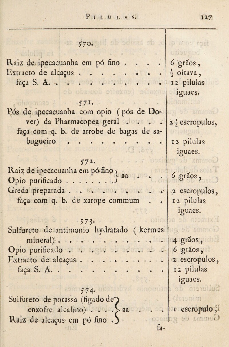 5'70. Raiz de. ipecacuanha em pó fino . Extracto de alcaçus. faça S. A... . Eós de ipecacuanha com opio (pós de Do¬ ver) da Pharmacopea geral . . . • faça com q. b. de arrobe de bagas de sa¬ bugueiro ......... 5'72. Raiz de ipecacuanha em pdfino^ Opio purificado.. .J Greda preparada . ... faça com q. b. de xarope commum 573- Sulfureto de antimonio hydratado ( kermes mineral) . . ... . Opio purificado.. . . . Extracto de alcaçus .. faça S. A. 574* Sulfureto depotassa (fígado de enxofre alcalino) . . , . Raiz de alcaçus em pó fino . aa • • 6 grãos, ^ oitava 5 12 pilulas iguaes. 2 i escropulos^ 12 pilulas iguaes. t 6 grãos, ; -2 escropulosj 12 pilulas iguaes. \ 4 grãos, 6 grãos, 2 escropulos, 12 pilulas iguaes. I escropuloji