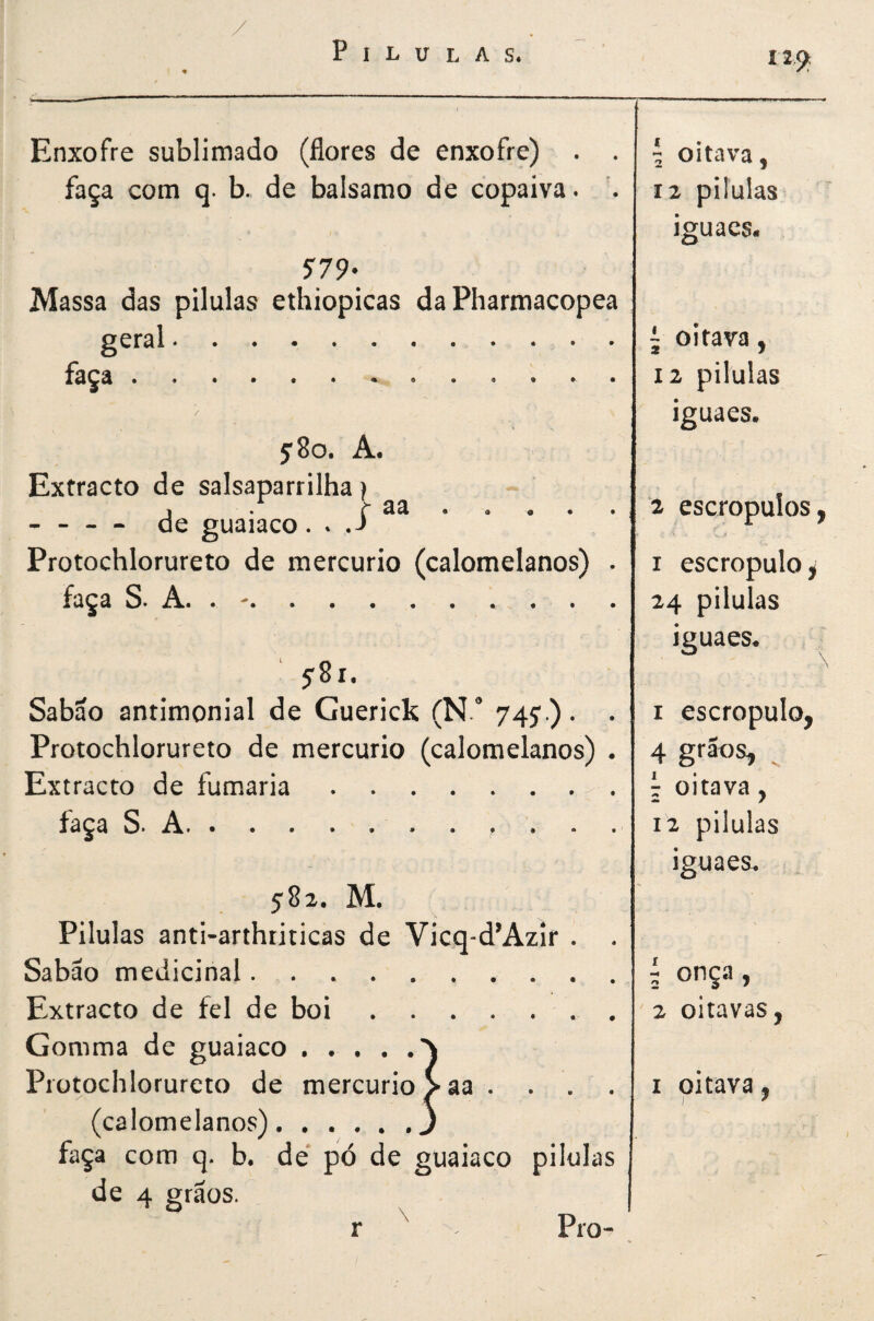 Enxofre sublimado (flores de enxofre) . . ^ oitava, faça com q. b. de balsamo de copaiva. . 12 pilulas iguacSii $79’ Massa das pílulas ethiopicas da Phartnacopea geral. 5 oitava, faça .. 12 pilulas iguaes. ySo. A. Extracto de salsaparrilha} - - - - de guaiaco. ^ .J 2 escropulos Protochlorureto de mercúrio (calomelanos) . I escropulo^ faça S. A. . '. 24 pilulas iguaes^ oo • Sabão antimonial de Guerick (N.” 745’ ). . I escropulo, Protochlorureto de mercúrio (calomelanos) . 4 grãos, ^ Extracto de fumaria. ^ oitava, faça S- A. 12 pilulas iguaes. 00 • • Pilulas anti-arthriticas de Vicq-d’Azir . . Sabão medicinal. í onça, Extracto de fel de boi.. 2 oitavas, Gomma de guaiaco . . . . Protochlorureto de mercúrio >aa. . . I oitava, (calomelanos).,3 faça com q. b. de* pó de guaiaco pilulas de 4 grãos.